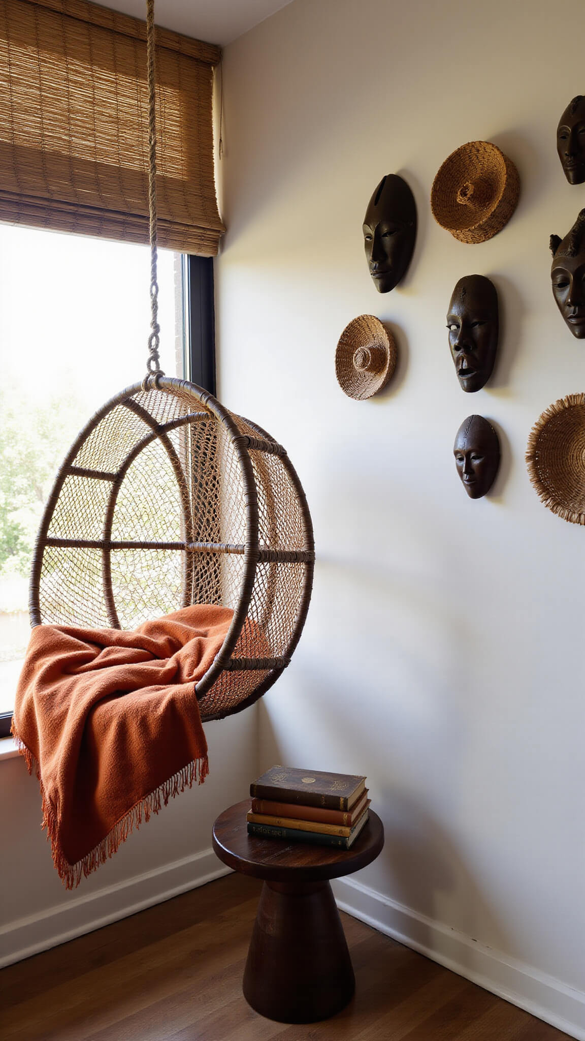 Cozy reading nook with hanging chair draped in rust-colored textile, vintage books on carved stool, bamboo blinds casting dappled morning light, and wall decorated with wooden masks and woven baskets.
