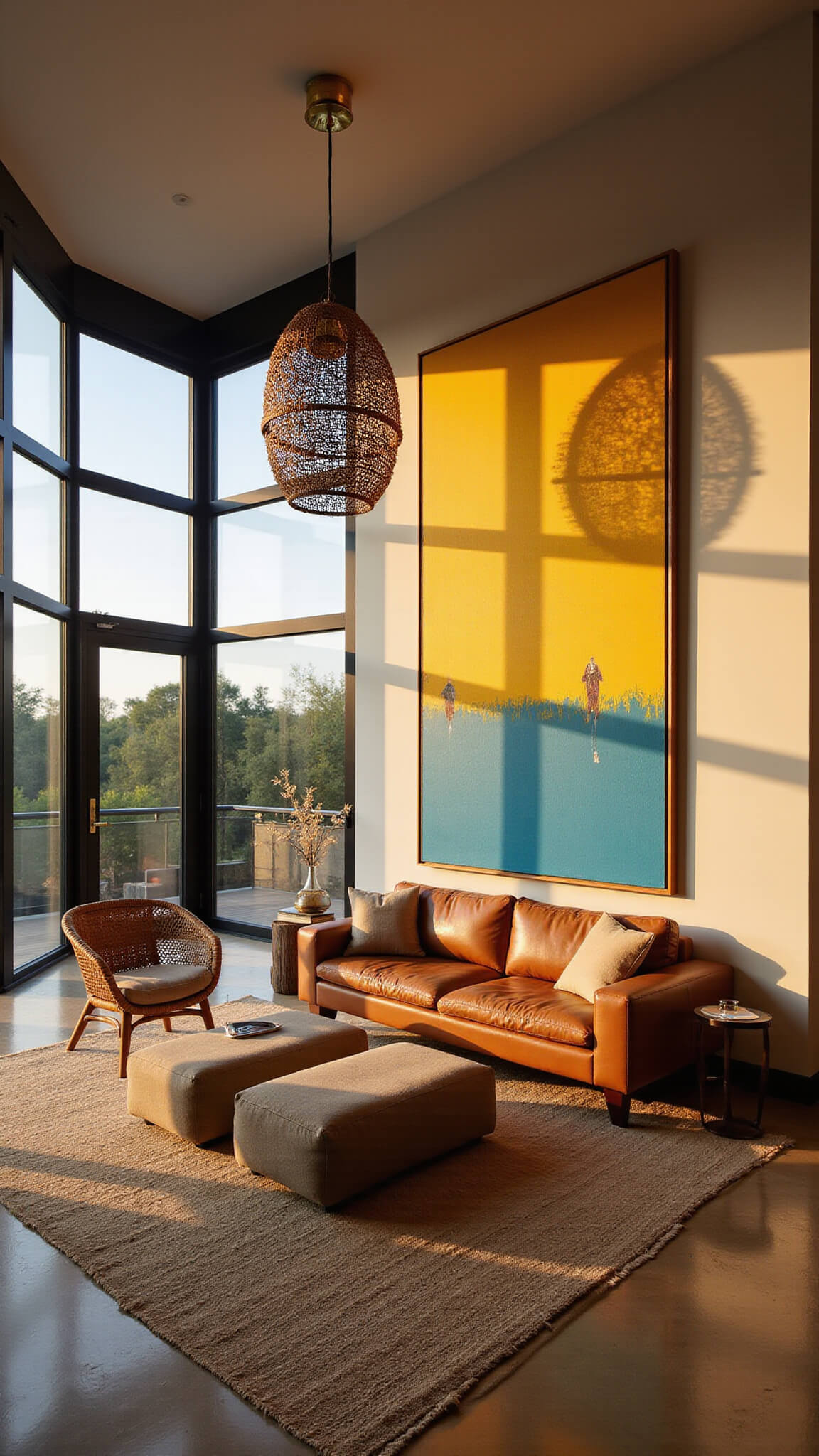 Open-concept 18x22ft living space at golden hour with floor-to-ceiling windows, eclectic furniture including a leather sofa, mud cloth ottomans, rattan chairs, brass pendant light, and vibrant contemporary African art.