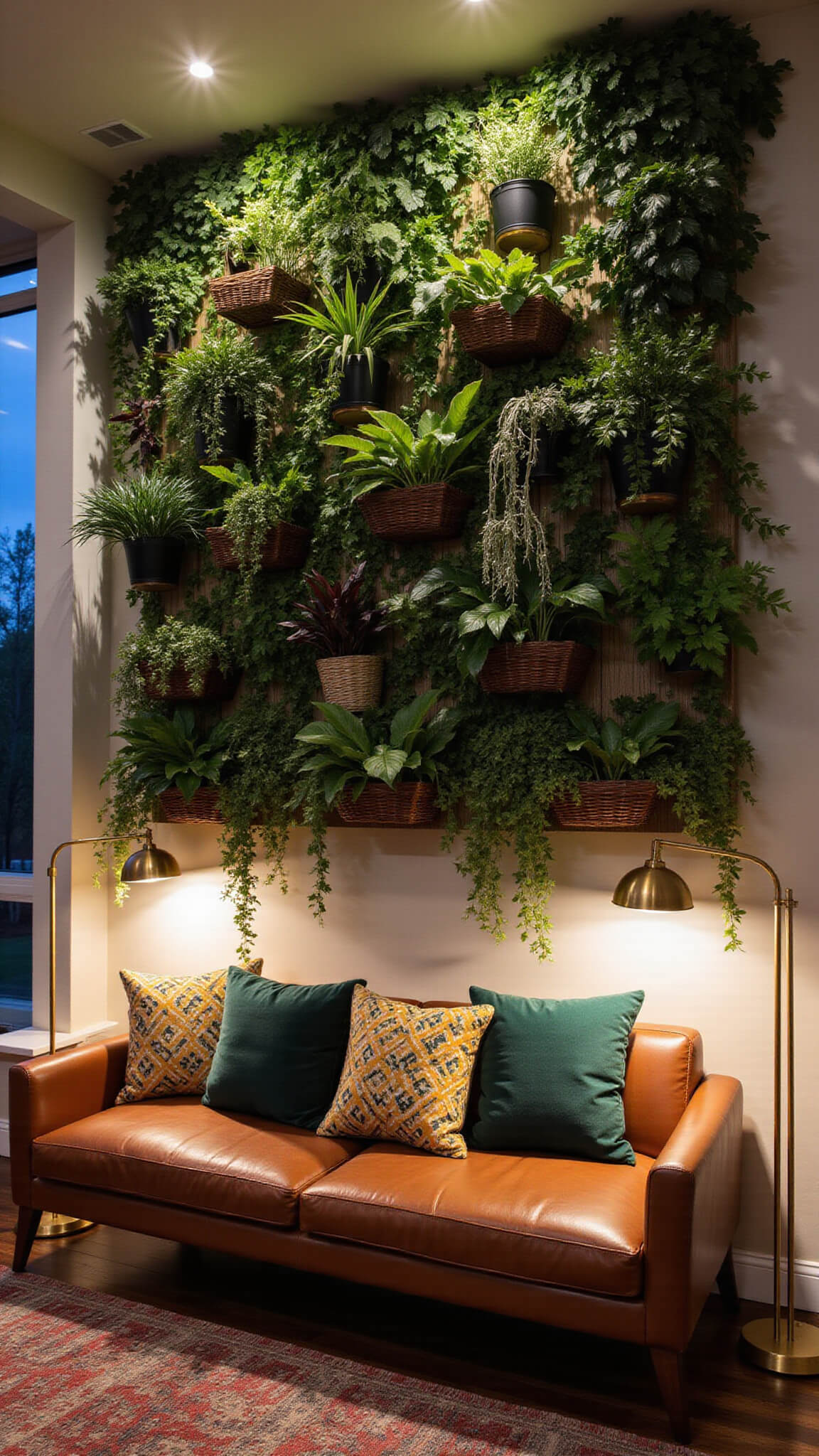 Evening living room corner with lush floor-to-ceiling tropical plant wall, rattan planters, leather bench with green and ochre cushions, and warm brass floor lamps.