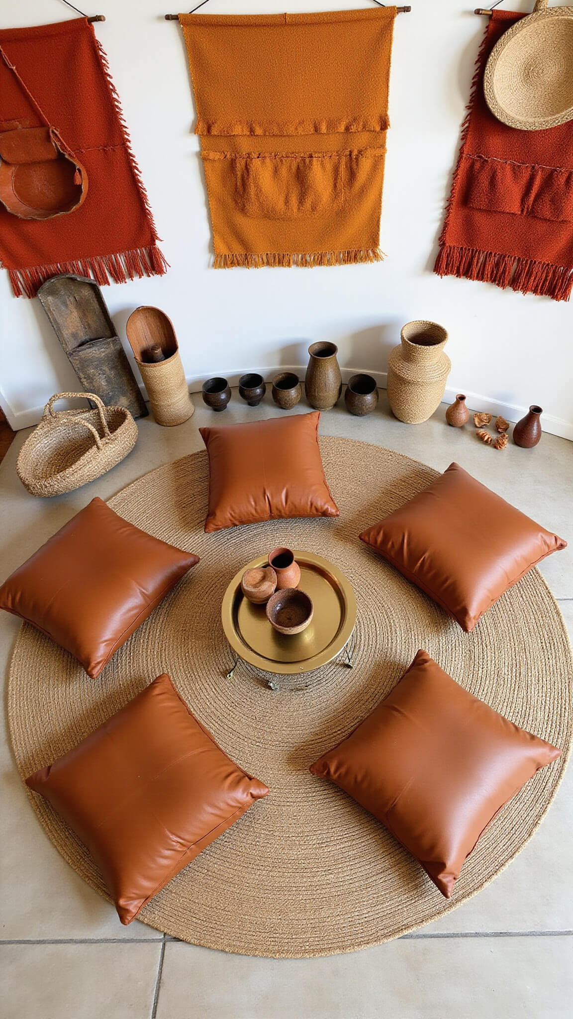Overhead view of a cozy conversation area with a circular jute rug, surrounded by four cognac leather floor cushions and a brass tray table, accented by sunset-colored textile wall hangings, ceramic vessels, and handwoven baskets in natural light.