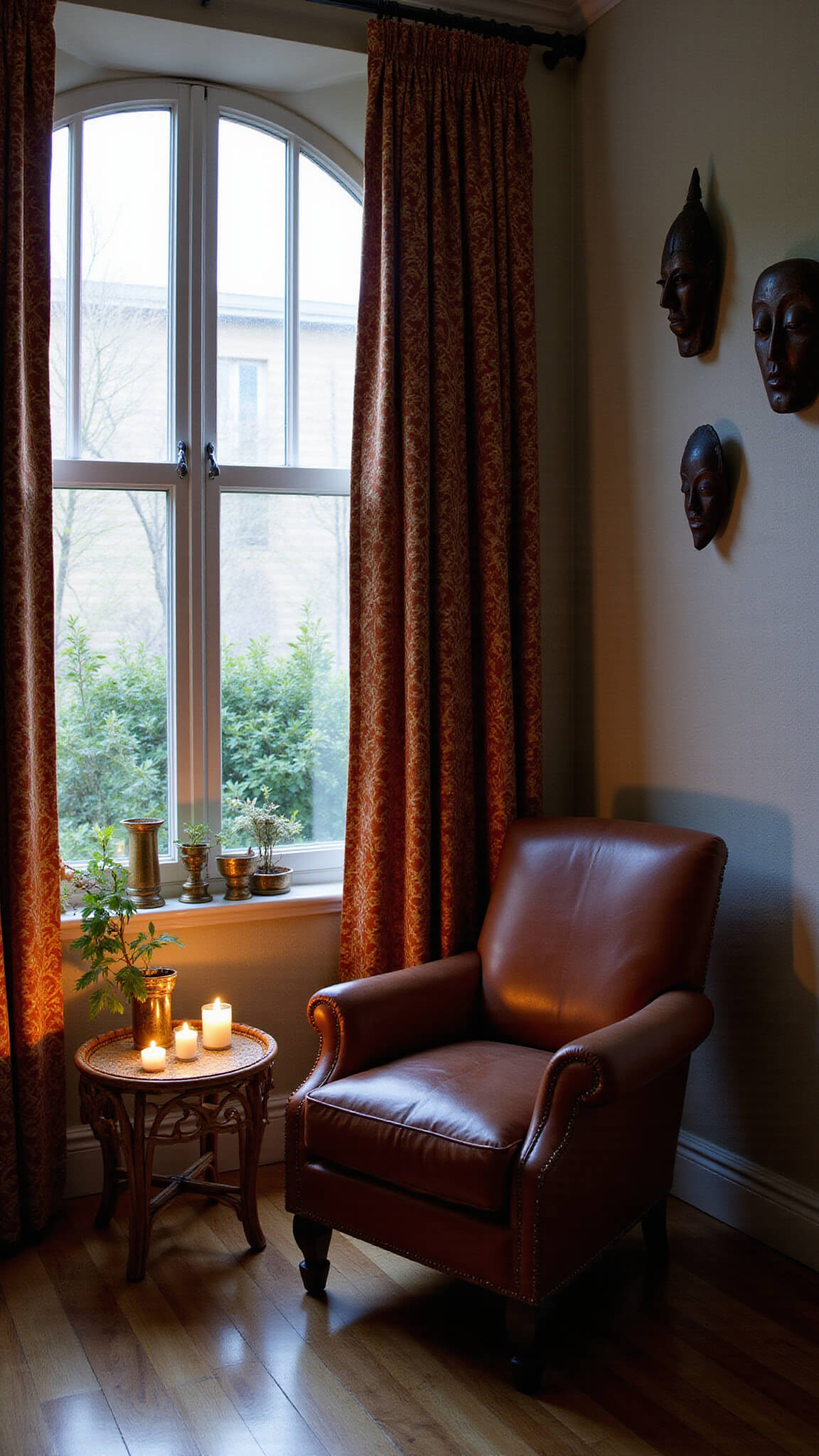 Moody twilight scene of a vintage leather chair beside a modern rattan table near a window, framed by mudcloth curtains, brass candleholders casting warm light, trailing plants, and carved masks on the wall.