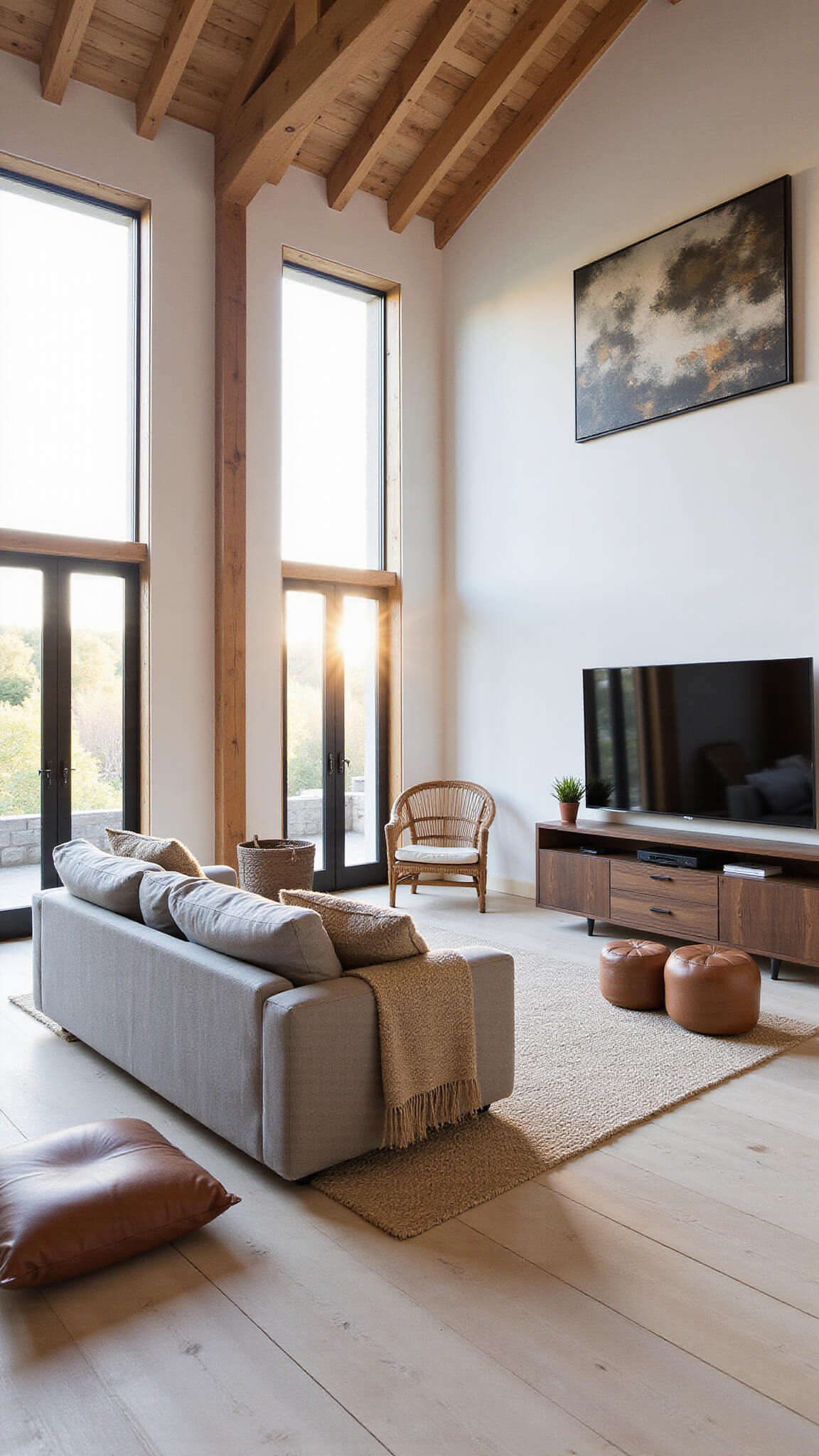 Bright cabin living room with high ceilings, exposed wooden beams, large black-framed windows, gray sectional, and warm natural textures in golden hour light.