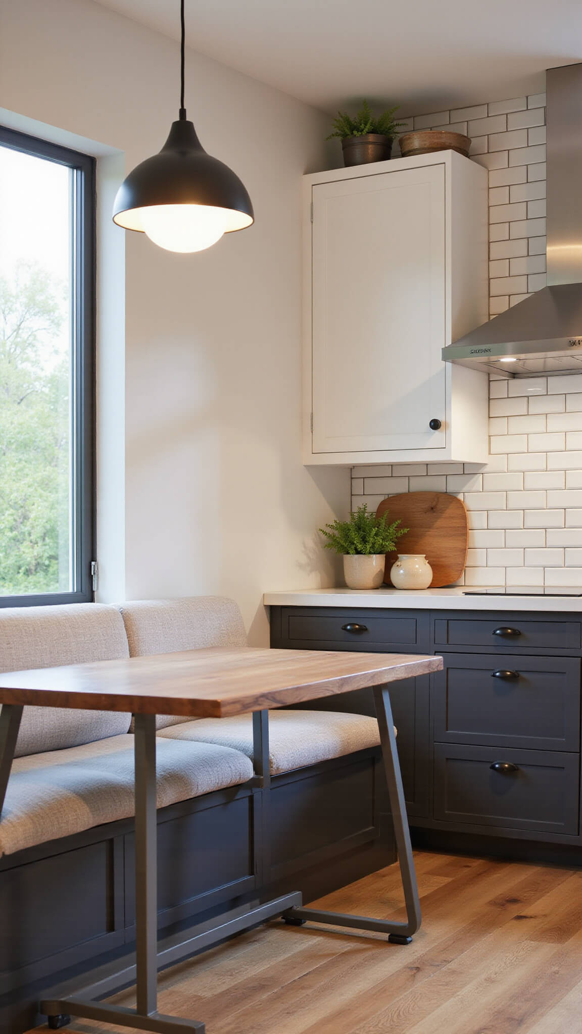 Modern cabin kitchen-dining area at twilight with built-in banquette, fold-down walnut table, white and charcoal cabinetry, subway tile backsplash, and stainless steel appliances.