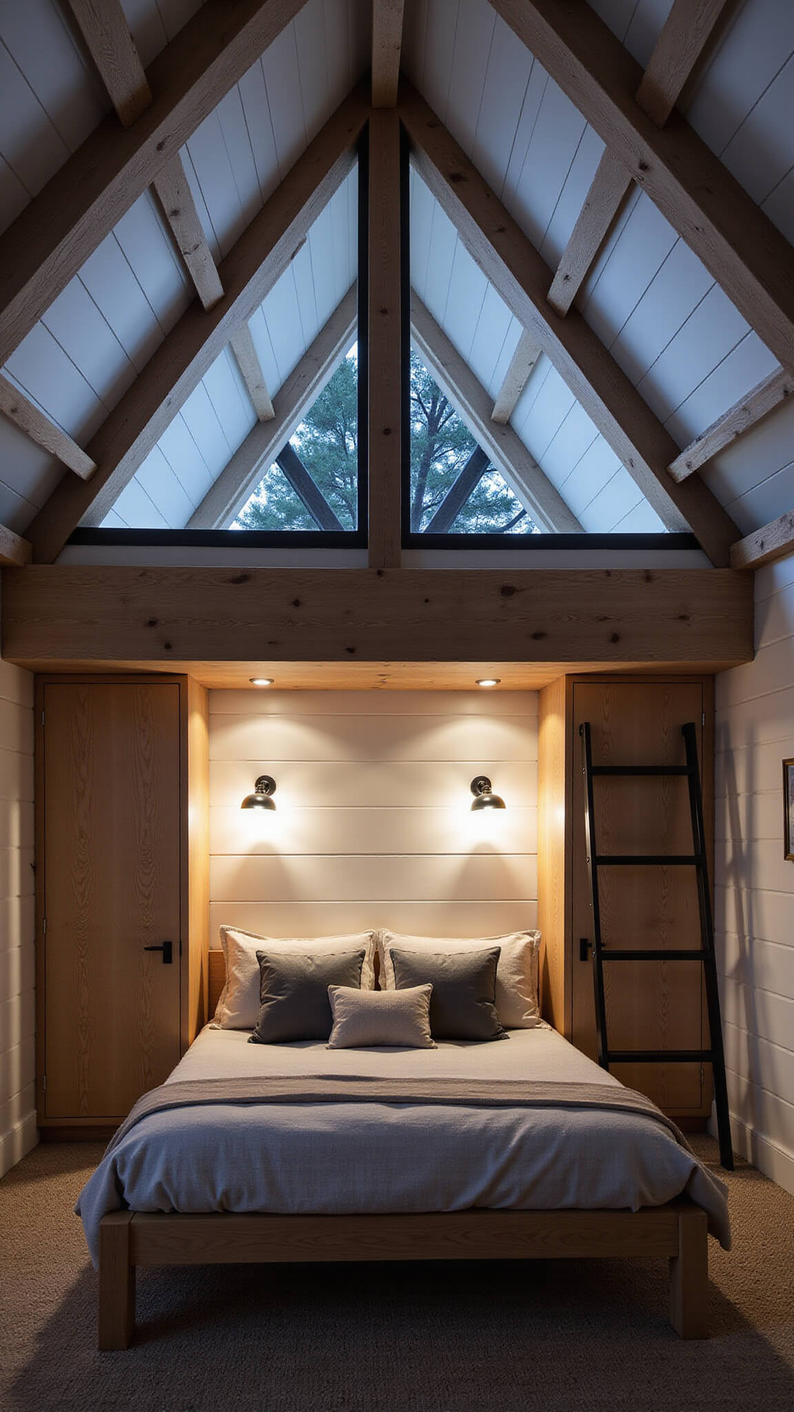 Dramatic dusk view of a cabin loft bedroom with exposed beams, murphy bed in light oak, built-in storage, warm industrial sconces on white shiplap walls, layered neutral bedding, black metal ladder, and natural fiber carpet.