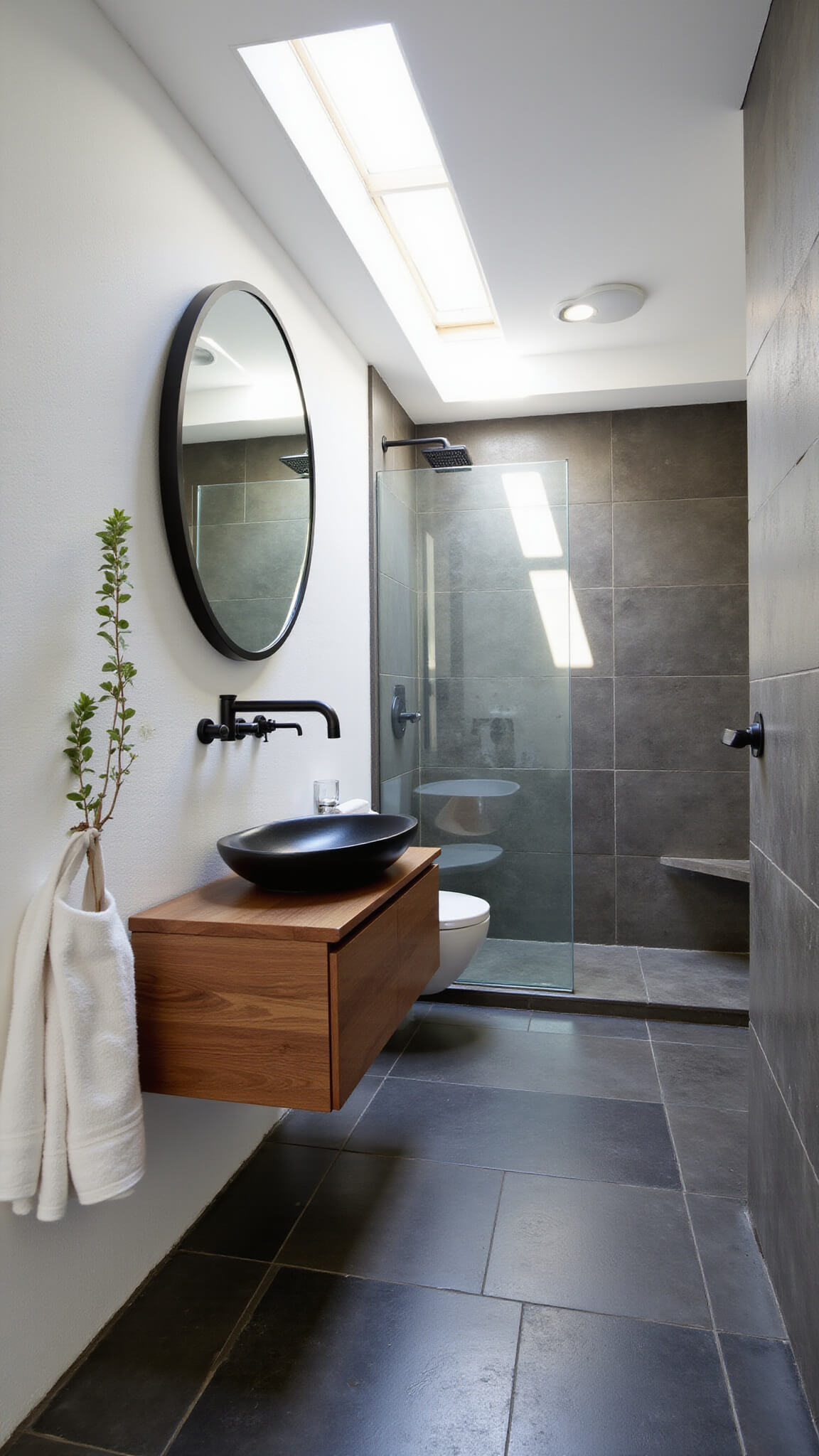 Minimalist cabin bathroom with skylight-lit slate tile shower, floating walnut vanity, vessel sink, and round black-framed mirror.