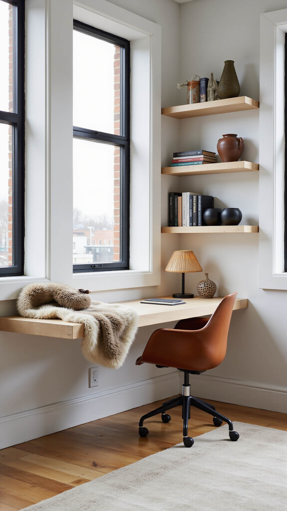 Cozy office nook with floating bleached oak desk, black-framed windows, cognac leather Eames-style chair, and minimalist shelves displaying books and ceramics.
