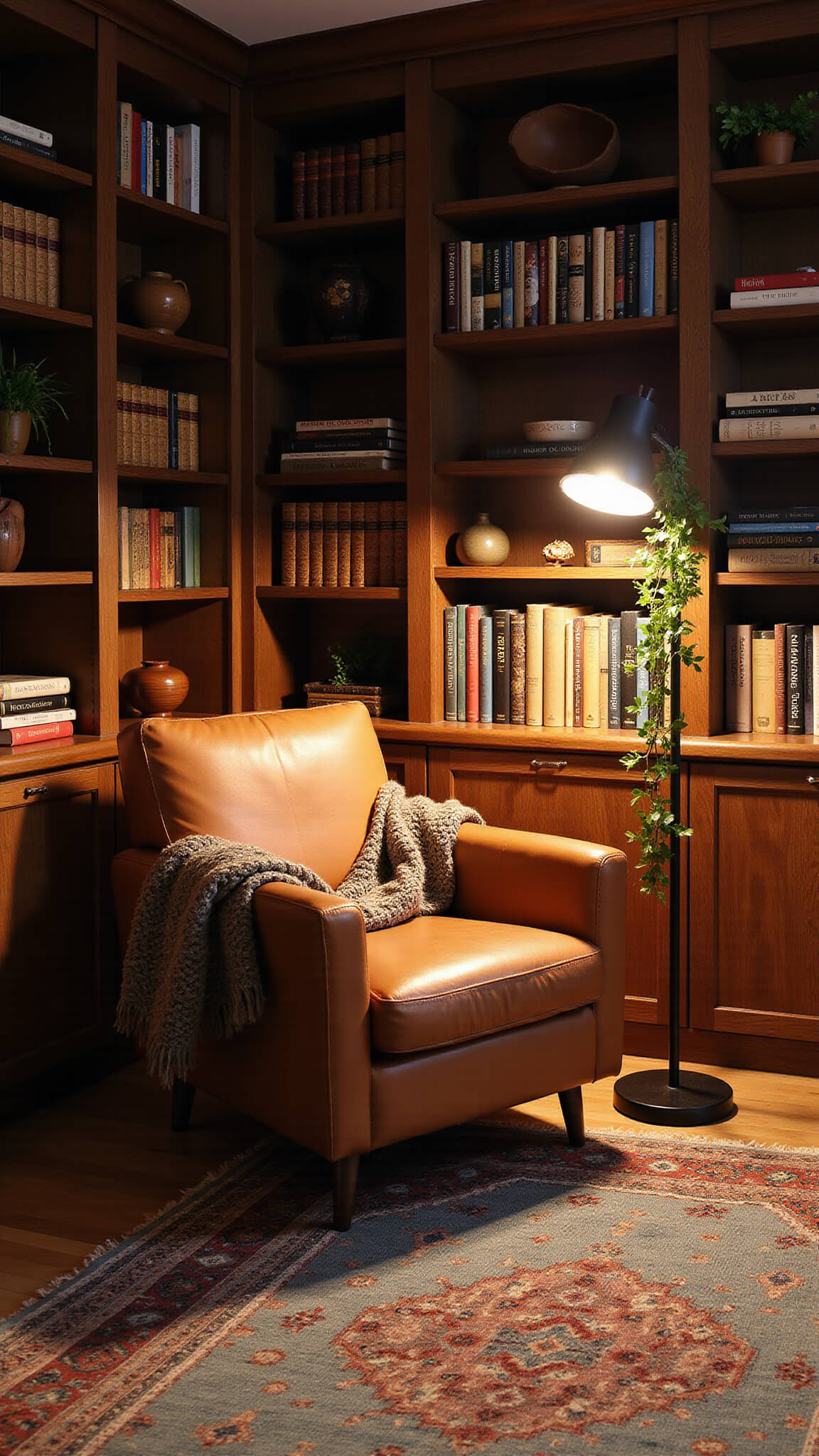 Cozy cabin reading nook with leather armchair, floor-to-ceiling dark walnut bookshelves, warm lighting, knit throw, kilim rug, stacked books, pottery, and trailing plants.