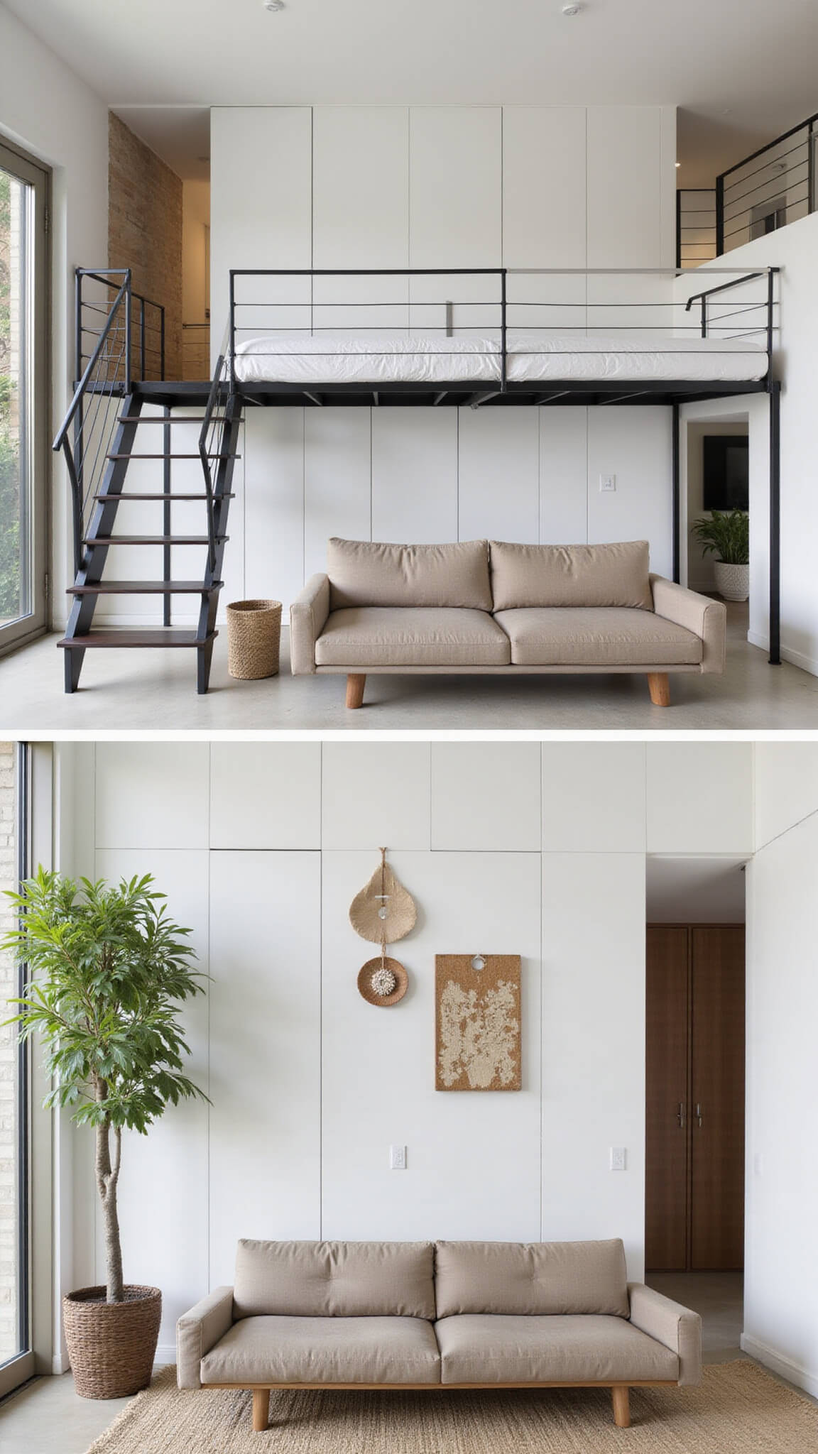 Open-concept 500 sq ft living space at sunrise with lofted sleeping area, white walls, black steel accents, vertical storage, modular greige seating, fiddle leaf fig, and woven baskets.