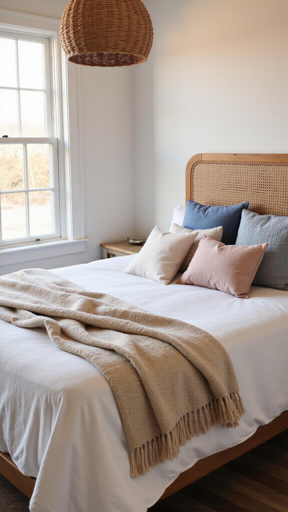 Sunlit 14x16ft bedroom at golden hour with king-size bed, layered neutral bedding, cane headboard, rattan pendant light, and floor-to-ceiling windows.