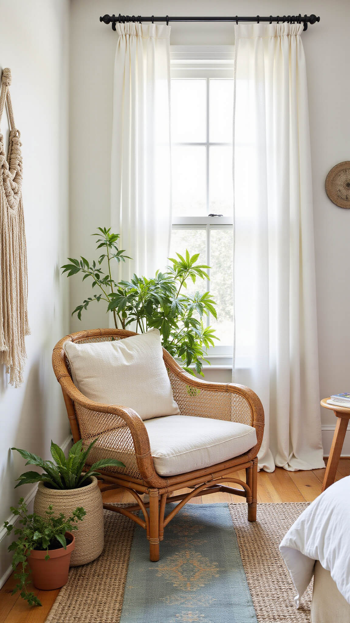 Cozy coastal reading nook with rattan armchair and cream cushions, bathed in soft morning light through white curtains.