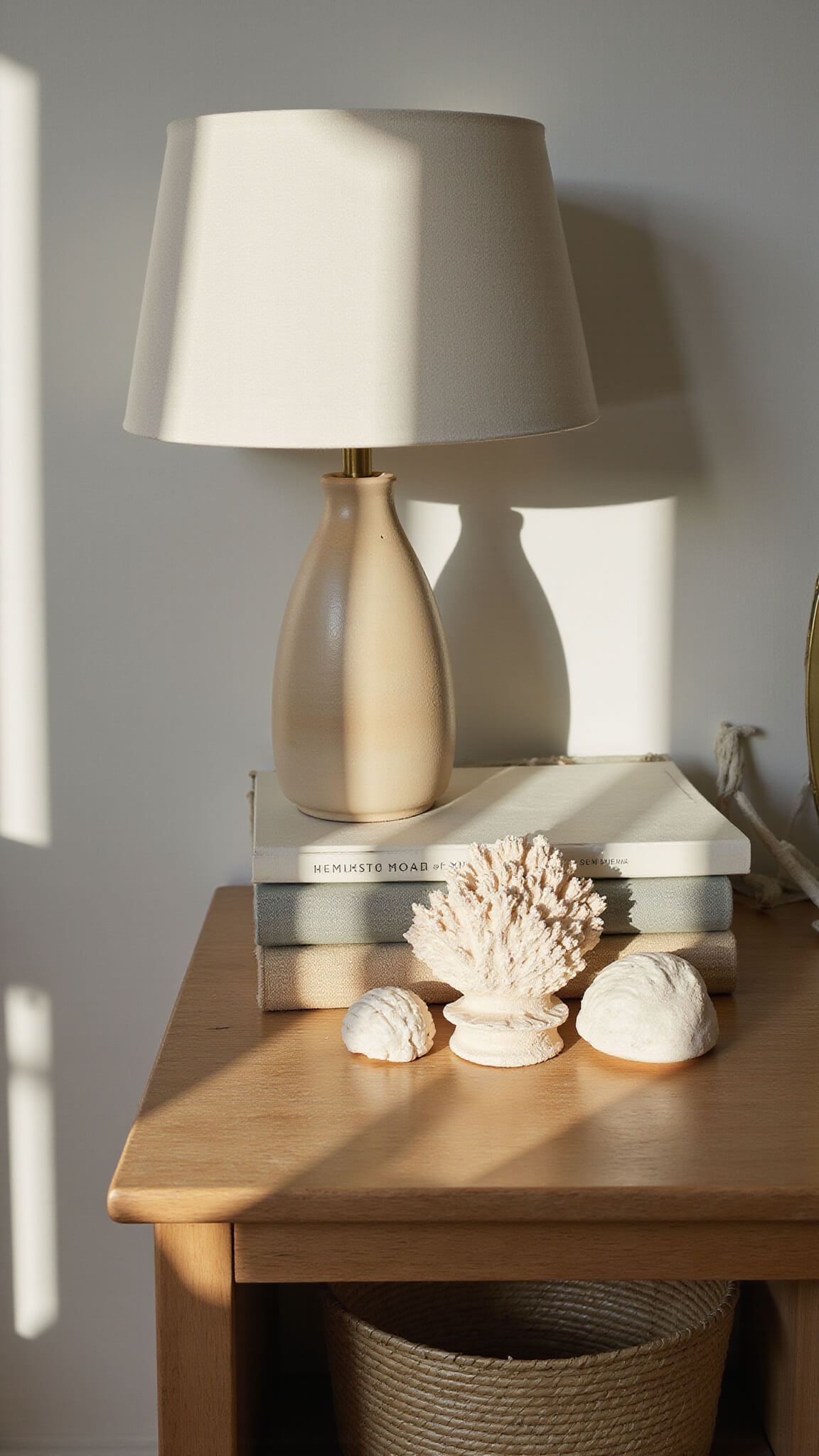 Curated bedside vignette with ceramic lamp, linen books, shells, and coral on raw wood nightstand in natural afternoon light.