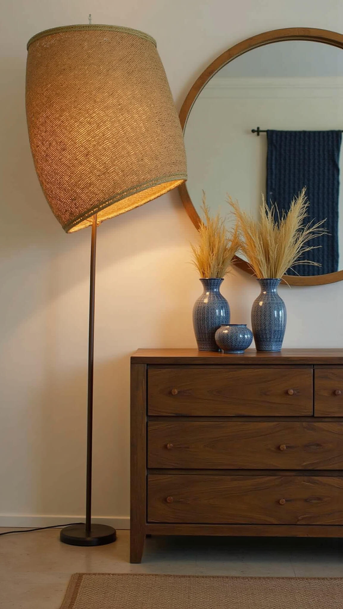 Master bedroom corner at dusk with tall rattan floor lamp, vintage teak dresser, round mirror reflecting warm light, ceramic vases with pampas grass, and indigo textile art.