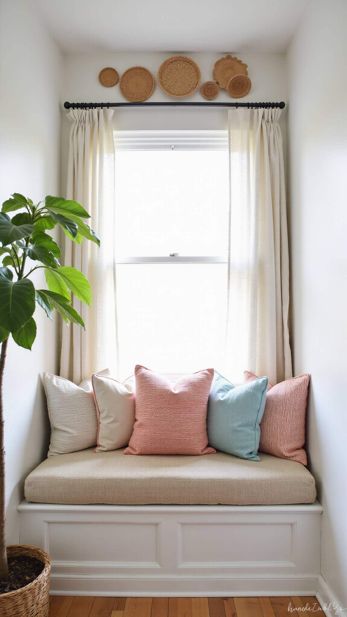 Sunlit bedroom window nook with built-in seat, neutral and coral cushions, sheer linen curtains, wall baskets, and a potted fiddle leaf fig.