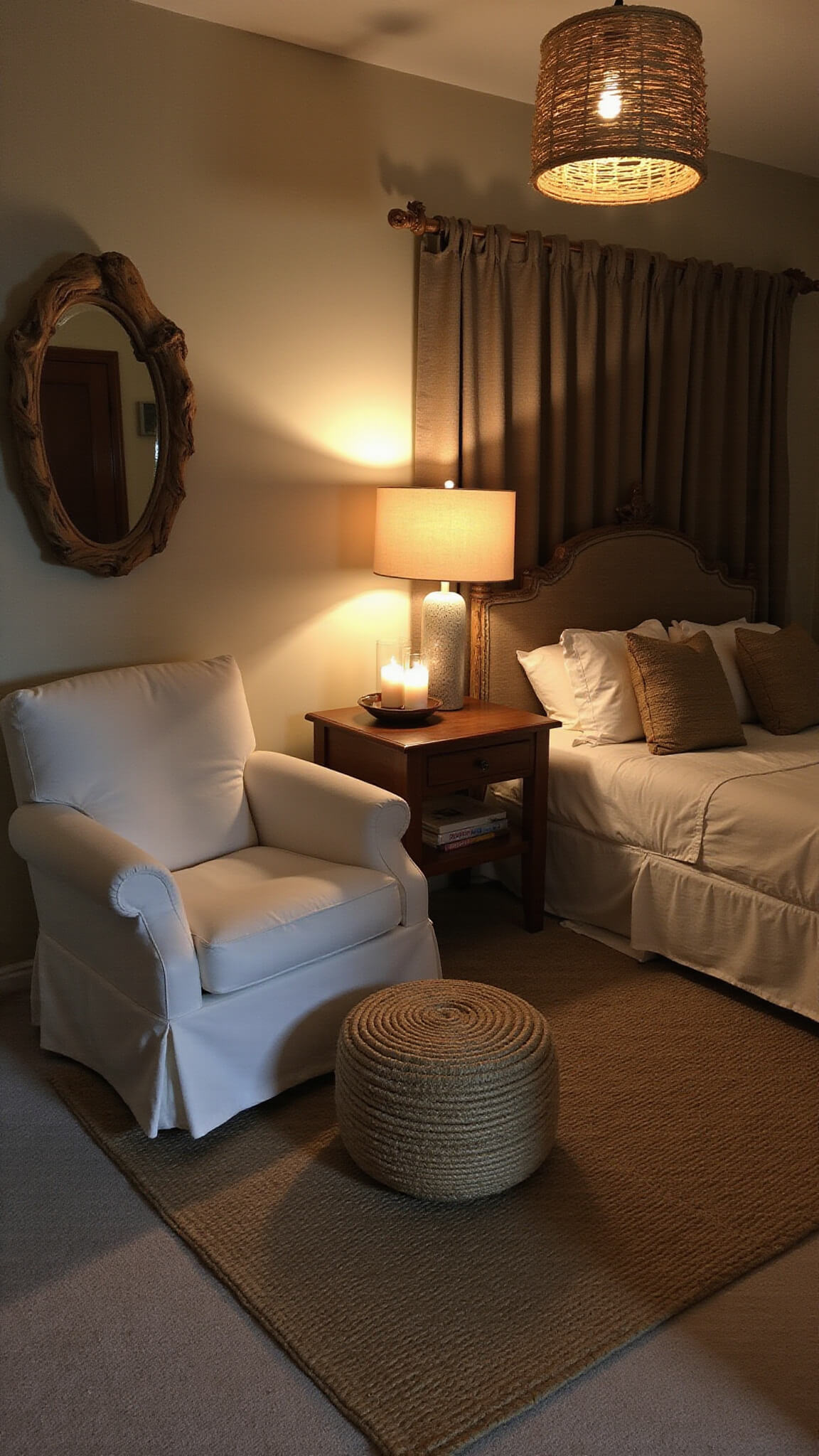 Cozy twilight bedroom with ambient lighting from rattan pendant, ceramic lamps, and candles; ivory slipcovered armchair, rope ottoman, driftwood mirror, and natural fiber rug complete the warm setting.