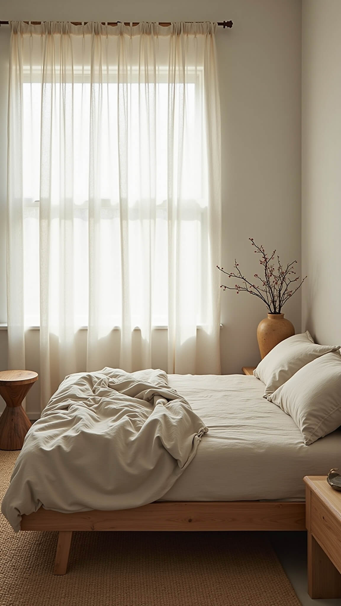 Serene minimalist bedroom with oak platform bed, linen bedding, jute rug, and soft morning light filtering through sheer curtains.
