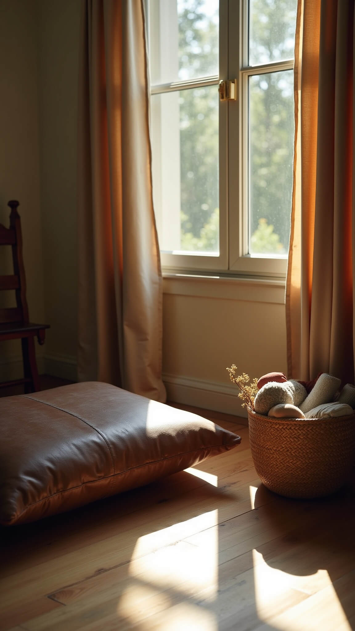 Cozy bedroom reading nook with aged leather cushion, wooden book stand, handwoven basket of blankets, and dried flowers in ceramic bowl, bathed in soft afternoon light.