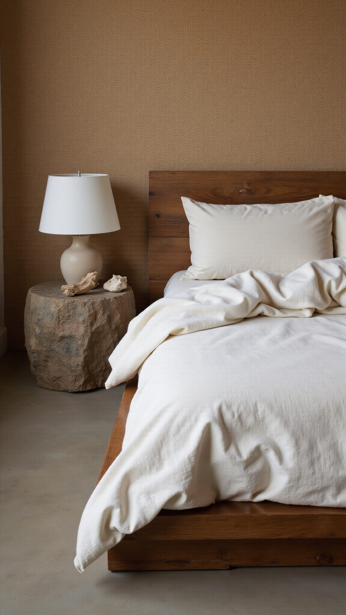Low-angle view of a rustic bedroom corner with a reclaimed wood bed, rumpled ivory linen bedding, ceramic lamp on a stone side table, and driftwood accent, all bathed in soft early morning light.