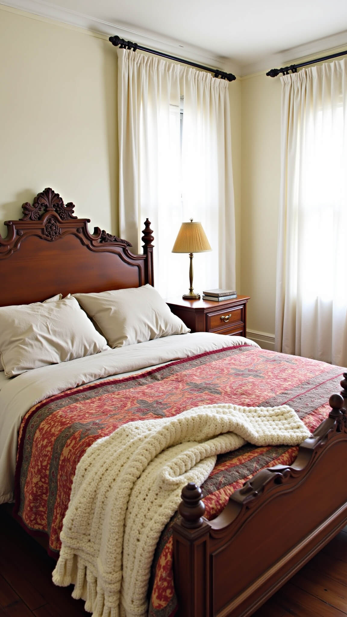 Sunlit bedroom with carved teak headboard, rumpled oatmeal linen bedding, faded coral kantha quilt, and cozy knit throw, framed by sheer white curtains and vintage brass lamps.