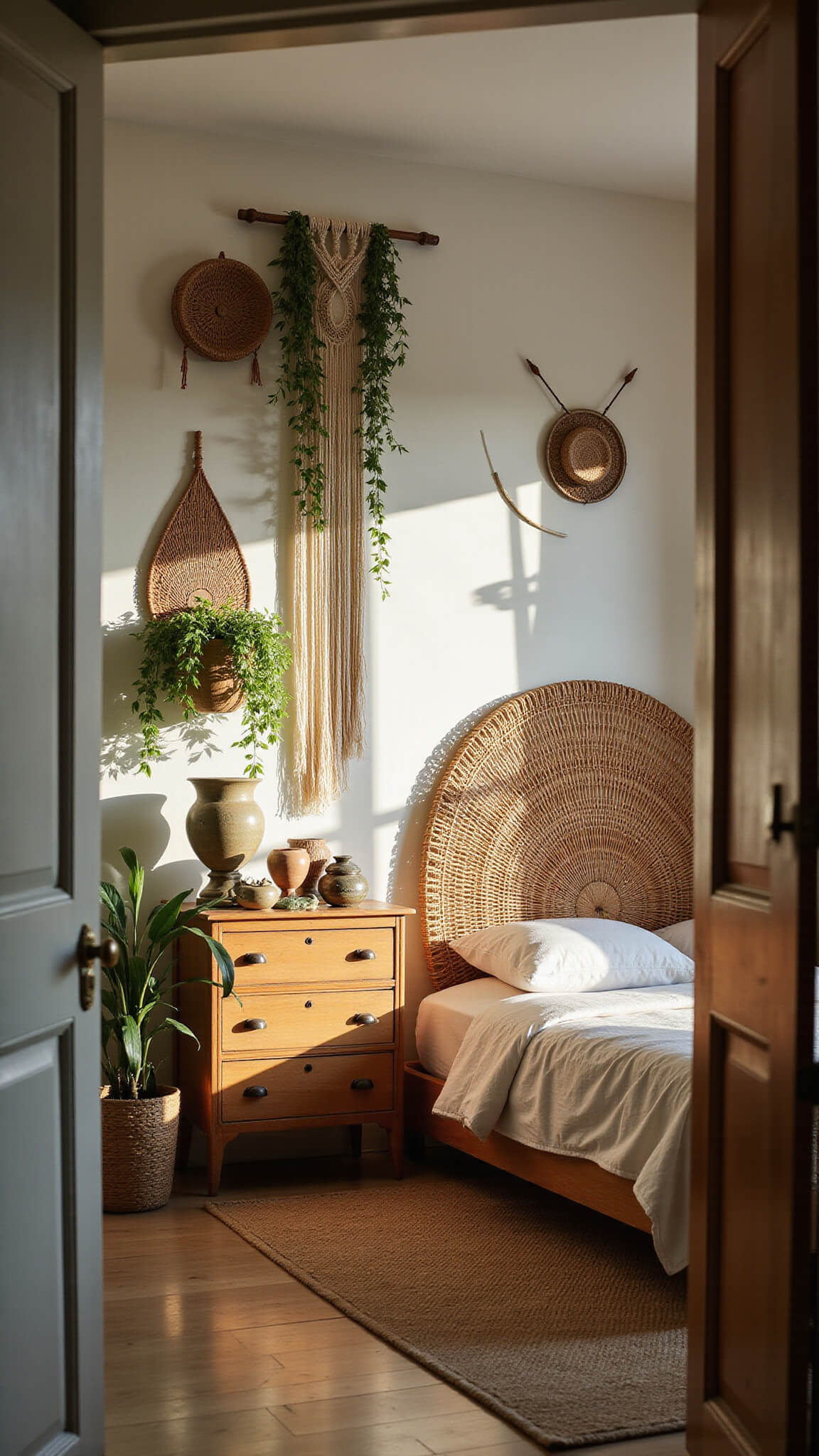 Vintage bedroom with rattan peacock headboard, golden hour light, macramé wall hanging, oak dresser with eclectic decor, and cascading pothos in a warm, earthy palette.