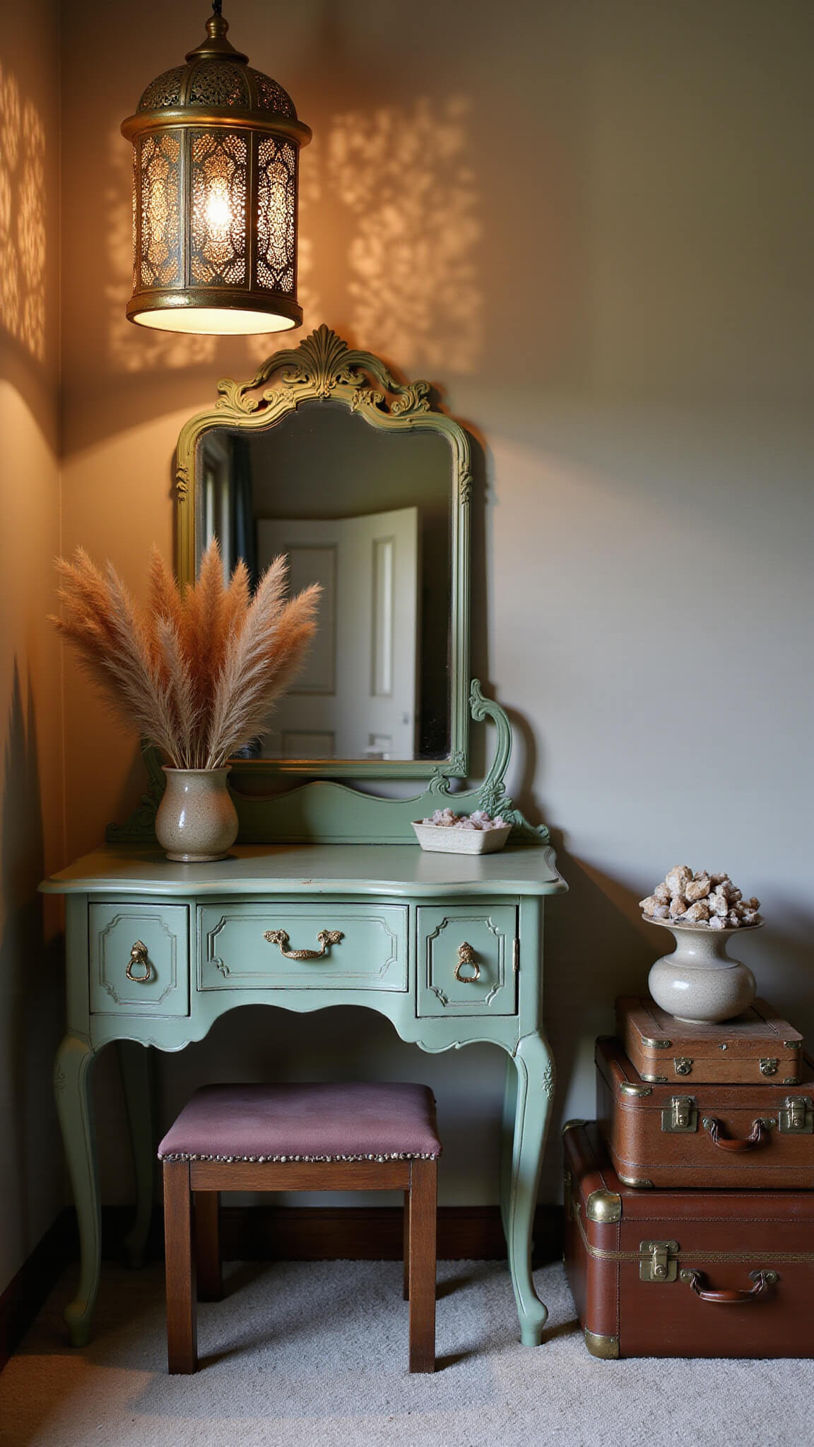 Boho-vintage bedroom corner with sage green Victorian vanity, gilded mirror, Moroccan lamp patterns, and vintage suitcase nightstands with crystals and pampas grass.