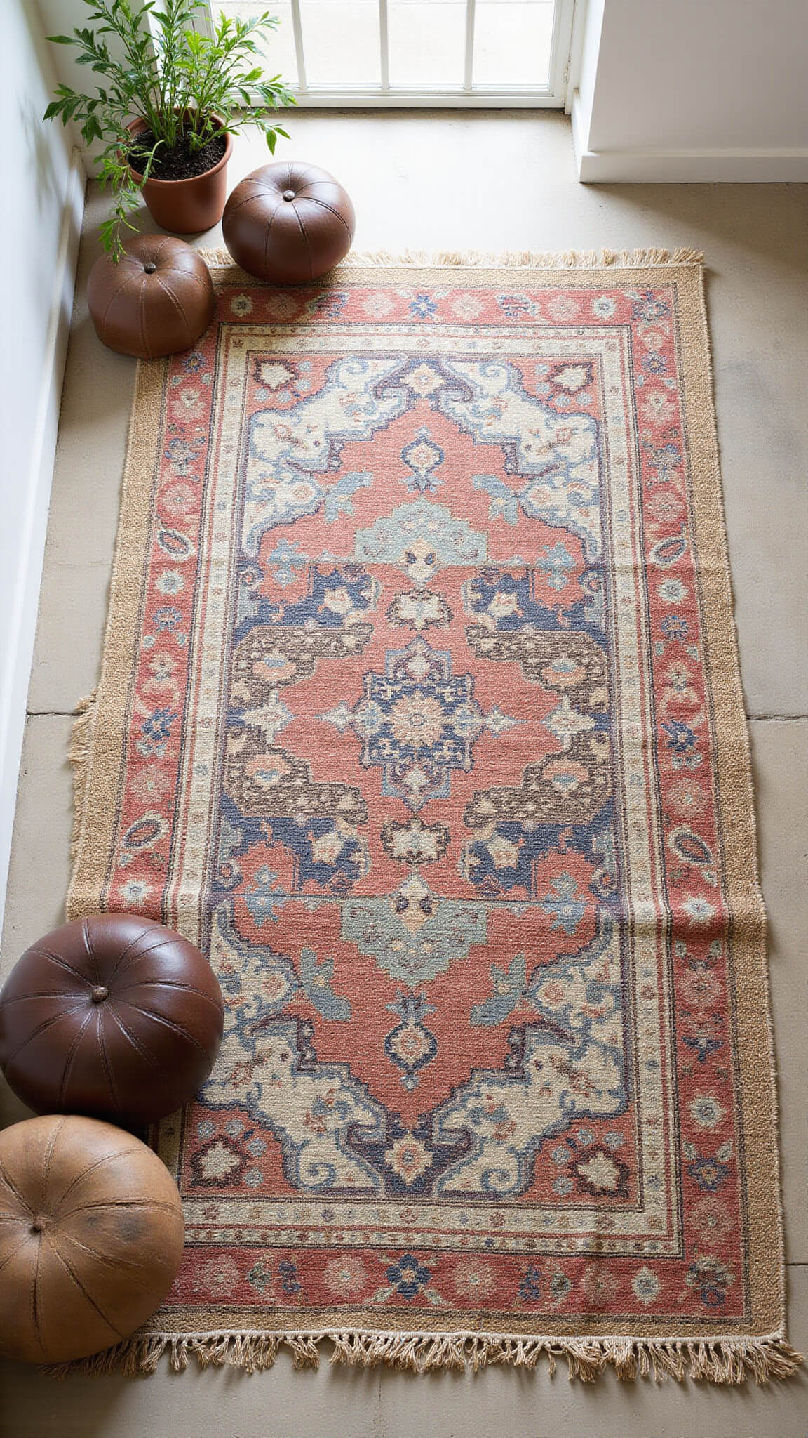 Overhead view of layered rugs with a faded Persian rug in rust and indigo over a larger jute base, surrounded by vintage pottery, trailing plants, and leather poufs in natural daylight.