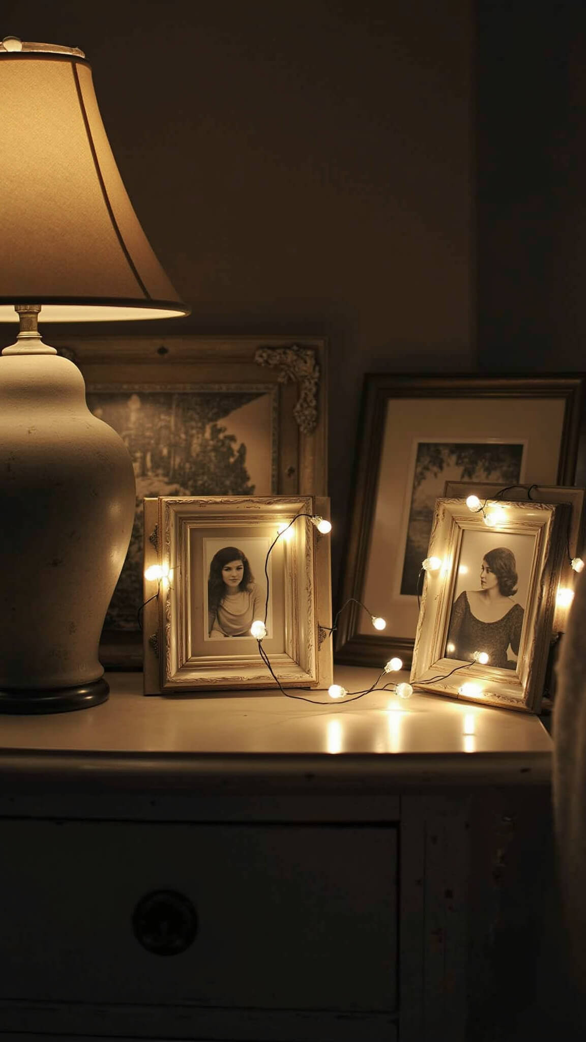 Vintage sepia photographs in ornate frames on a distressed wooden bedside table, softly lit by string lights and a ceramic lamp with a linen shade.