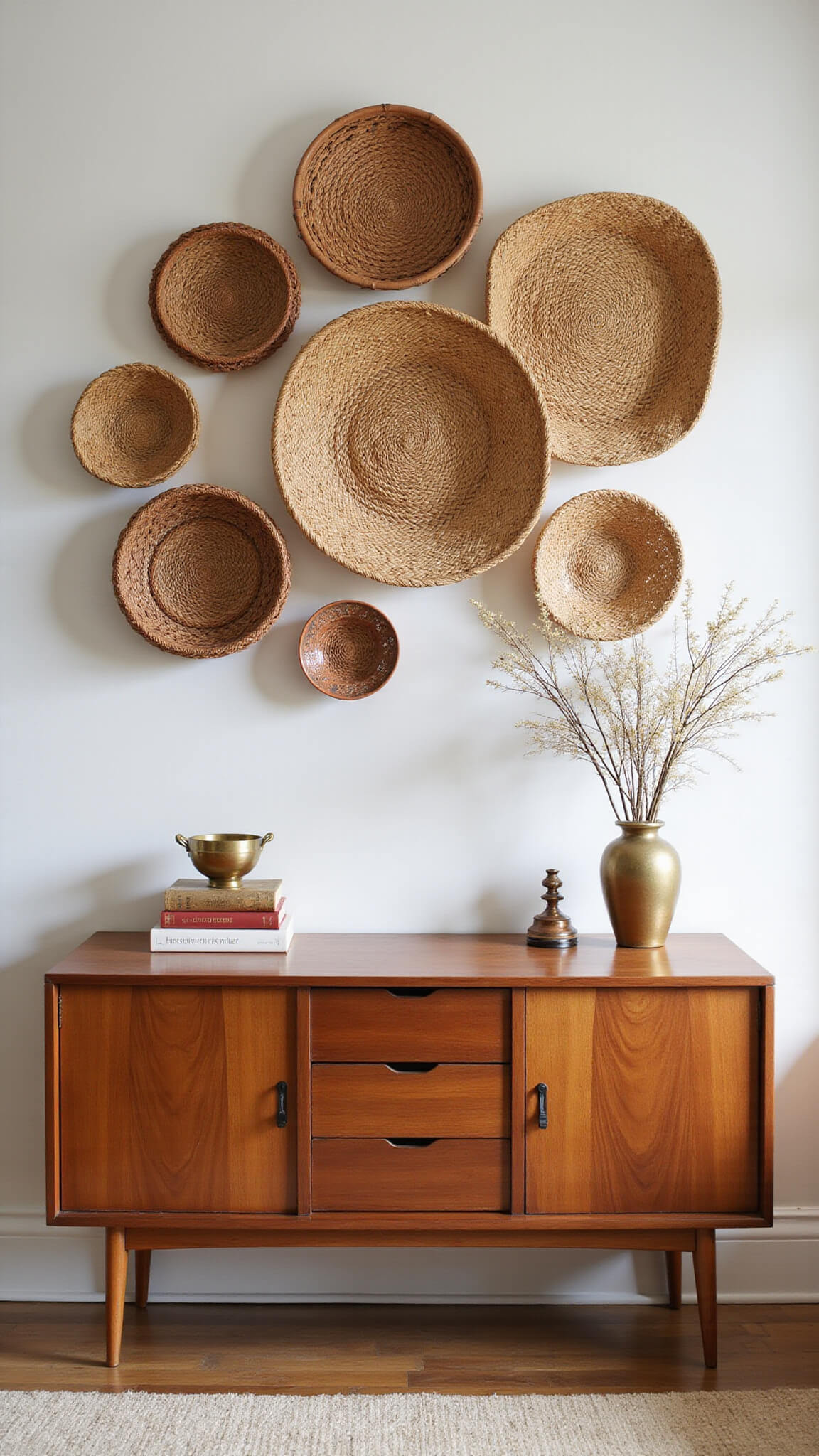 Woven basket wall arrangement above walnut credenza with vintage decor in soft afternoon light.