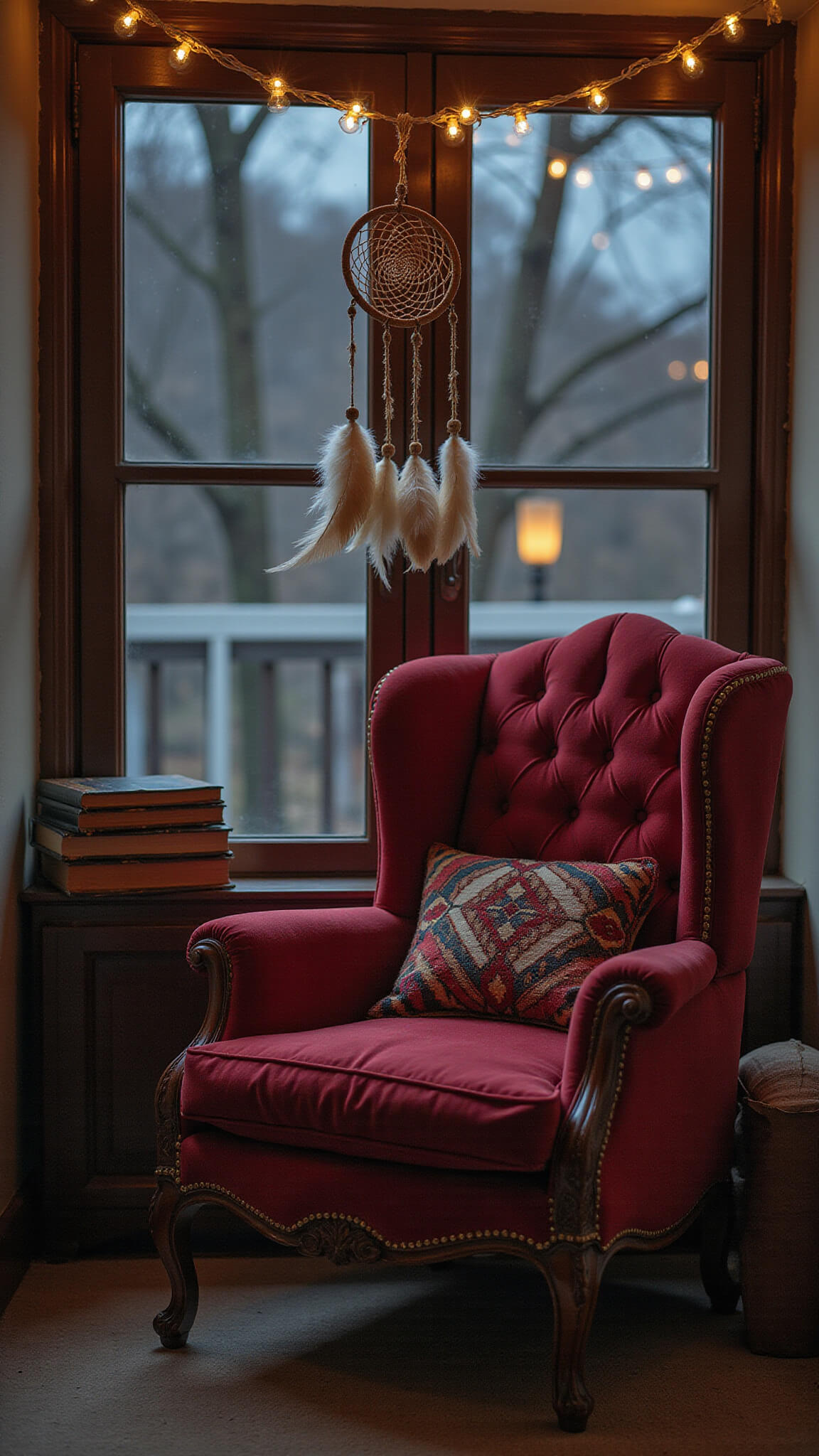Cozy reading nook with vintage velvet Victorian armchair under string lights, dream catcher swaying by open window, leather-bound books, and kilim pillow in warm evening light.