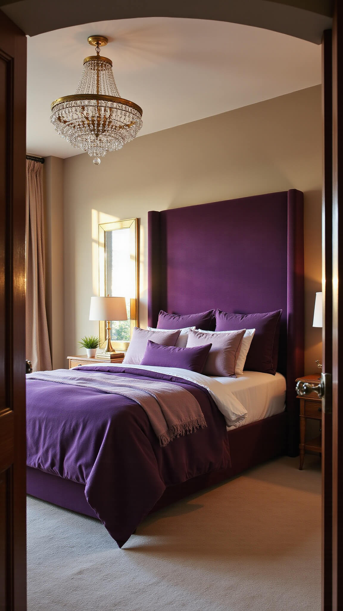 Luxurious master bedroom with deep purple velvet headboard, layered purple bedding, and crystal chandelier, bathed in golden hour light through floor-to-ceiling windows.