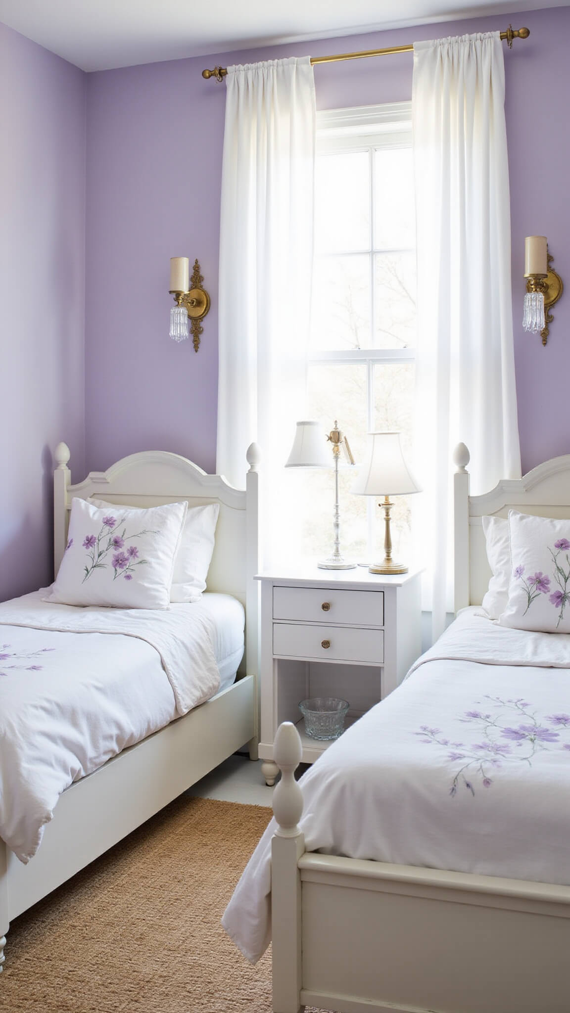 Contemporary 12x12ft guest bedroom with pale lavender walls, twin white-framed beds in white and purple botanical linens, sheer curtains filtering morning light, brass sconces, vintage crystal lamp, and a natural jute rug, viewed from a corner angle.