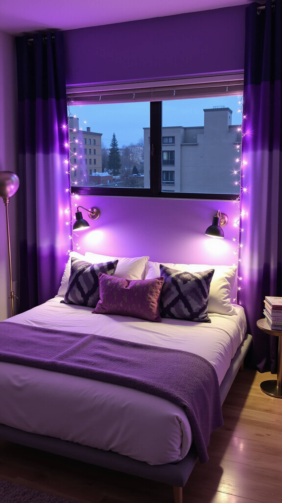Teen bedroom with violet accent wall, white bedding with purple geometric pillows, string lights, modern decor, and purple ombré curtains, viewed from above in moody evening light.