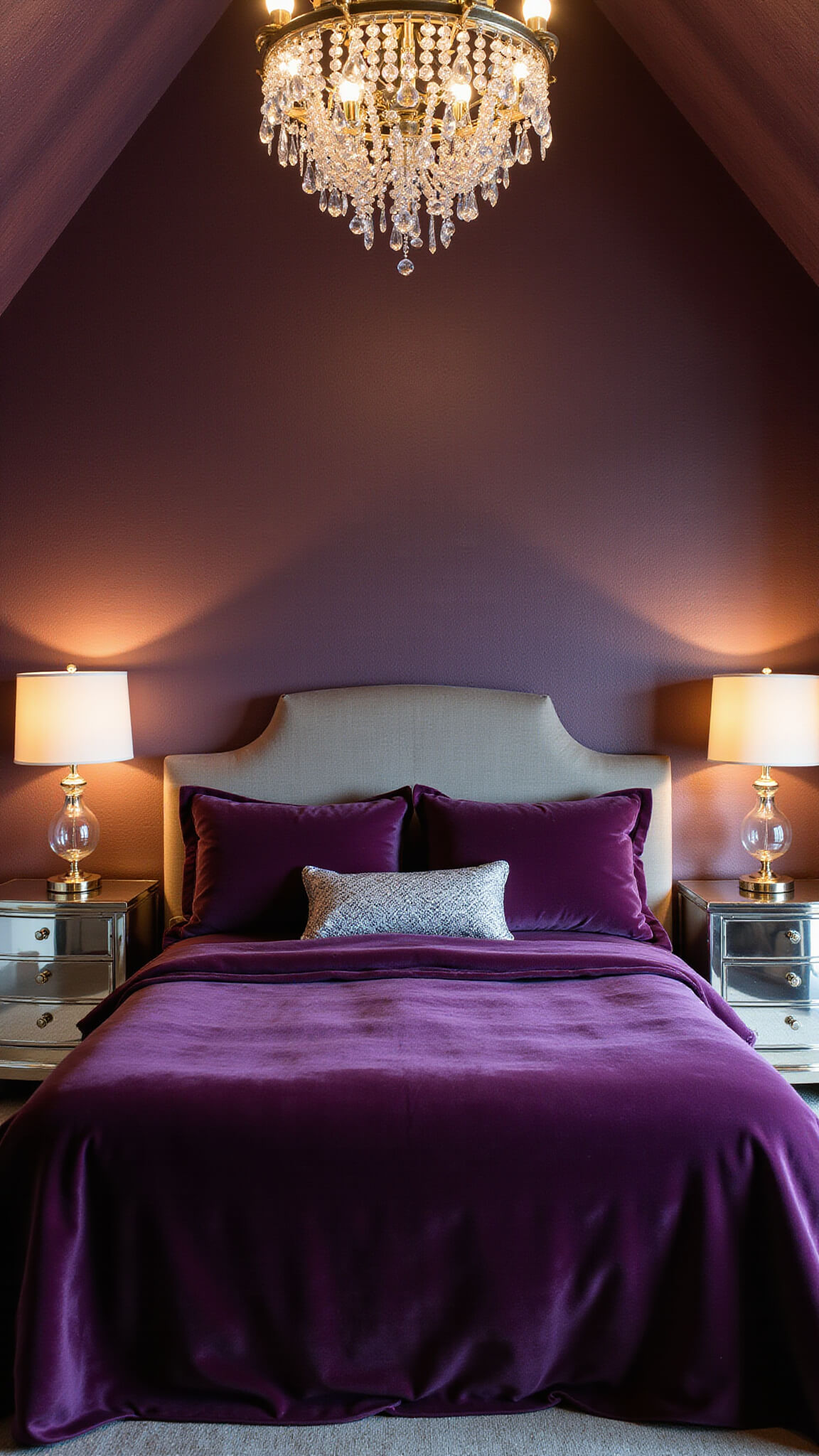 Luxurious master bedroom at dusk with plum grasscloth wallpaper, cathedral ceilings, purple velvet bedding, and crystal chandelier casting dramatic shadows.