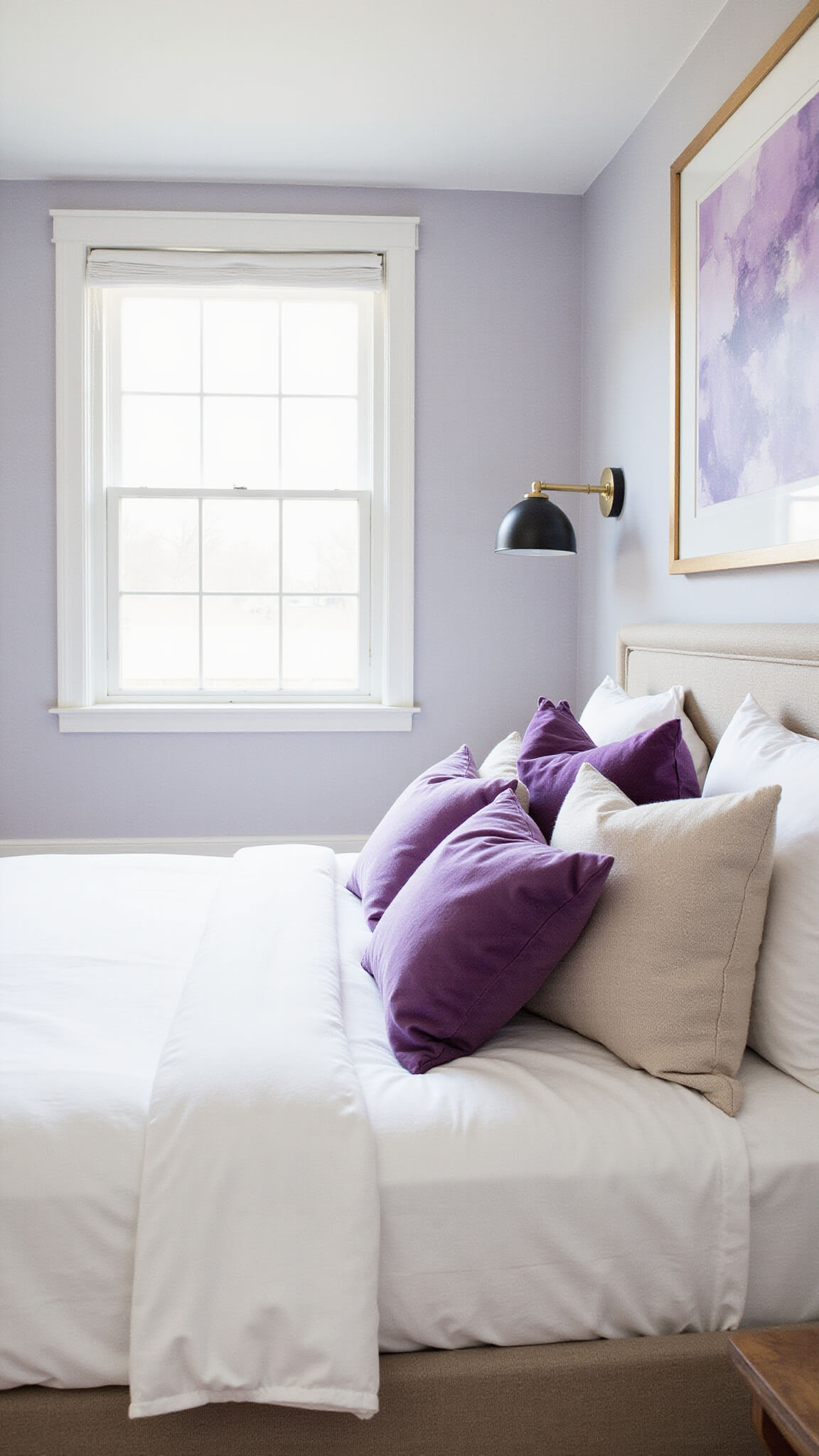 Minimalist guest room with soft lavender-gray walls, white trim, oak floors, and a queen bed featuring white linens and purple textured throw pillows.