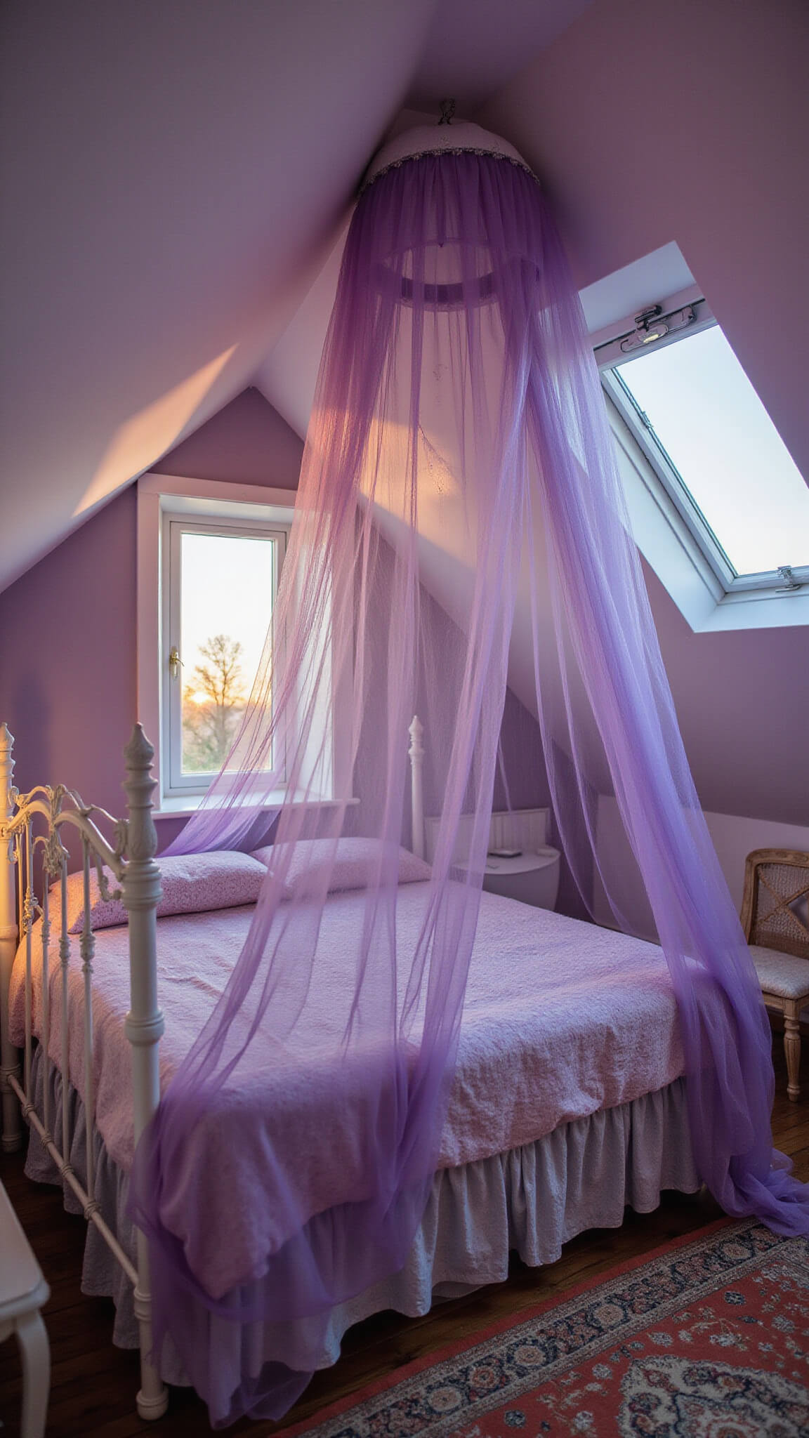 Cozy attic bedroom with pale purple sloped ceilings, white iron bed with purple canopy, vintage Persian rug, fairy lights, and sunset seen through dormer windows.