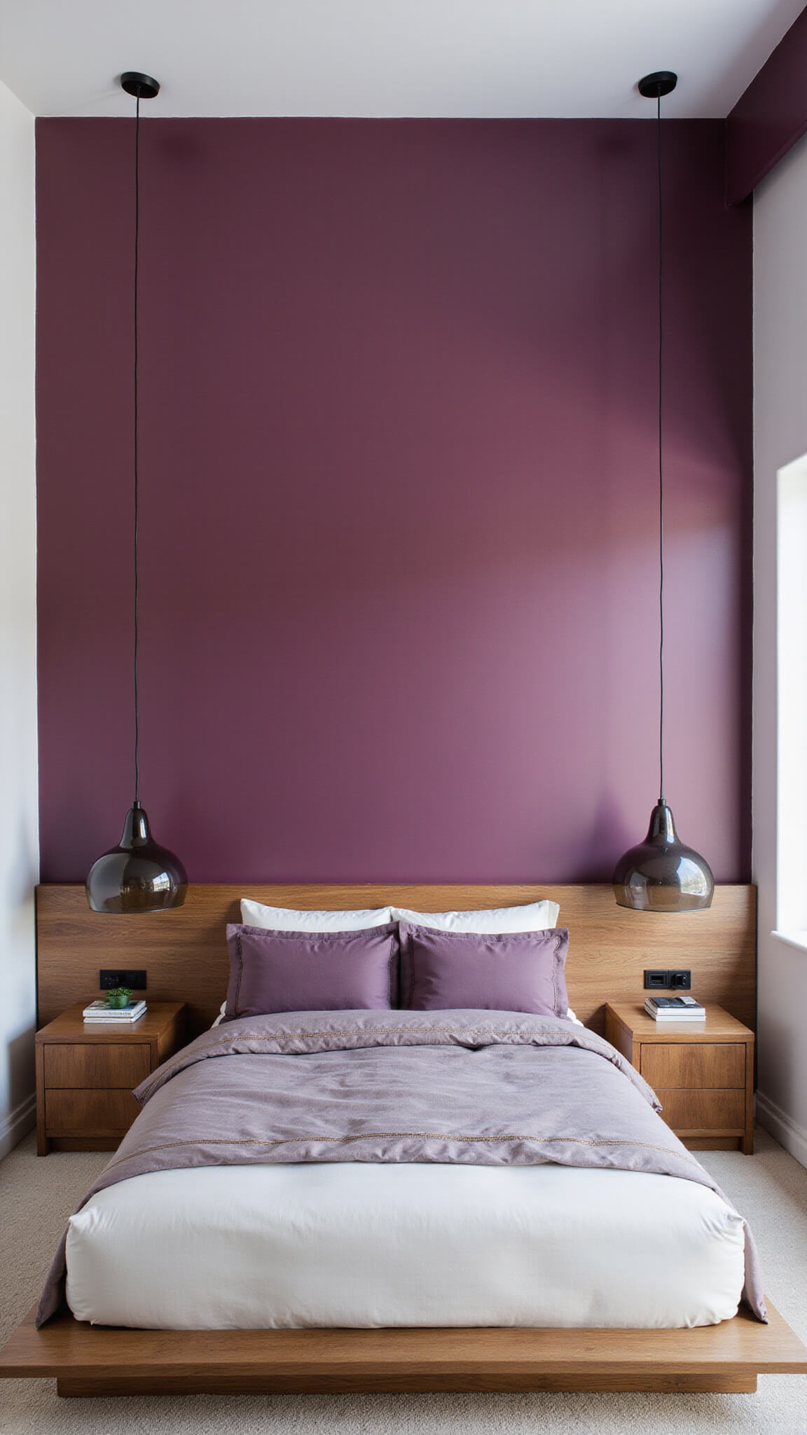 Contemporary primary bedroom with white and deep aubergine color-blocked walls, walnut platform bed with integrated nightstands, layered purple bedding with gold accents, and smoke glass pendant lights.