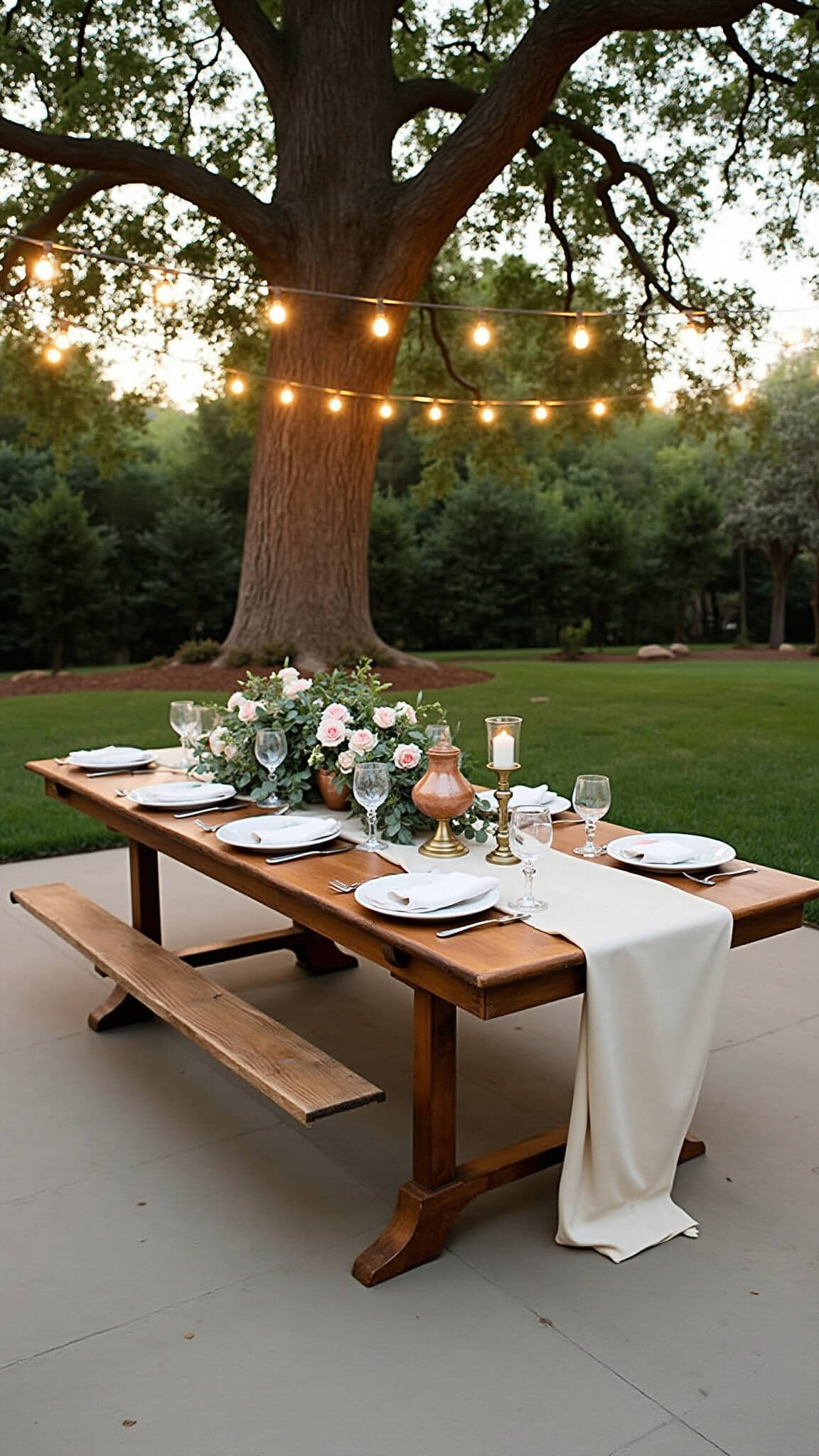 Elevated view of a 30'x40' backyard wedding setup at golden hour with oak trees draped in café lights, a vintage harvest table on a stone patio adorned with ivory linens, brass candlesticks, and blush roses in copper vessels.