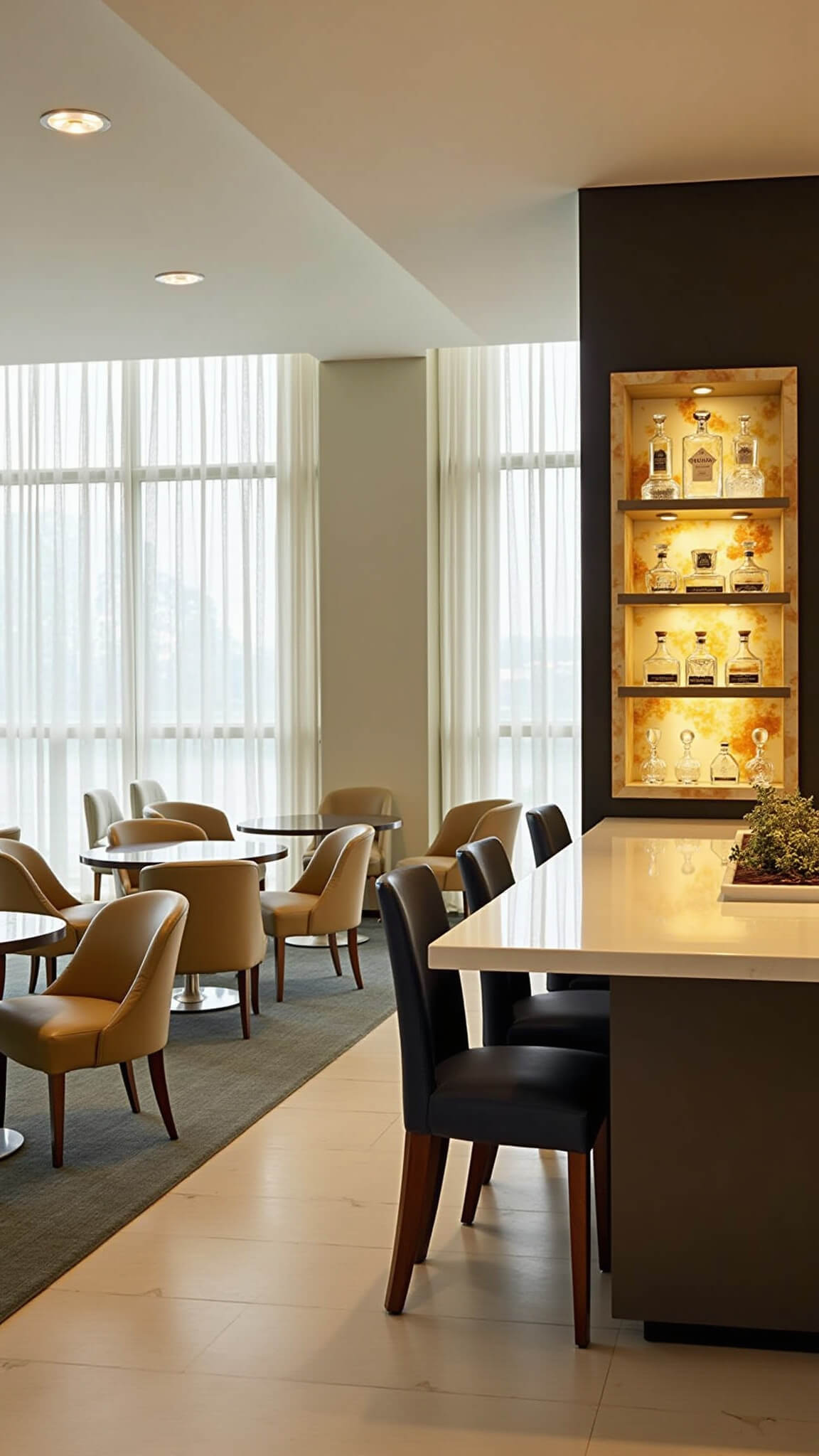 Modern boutique hotel lounge with mid-century cream and gold furniture, floor-to-ceiling windows, sheer curtains, dramatic onyx bar, and soft afternoon lighting.