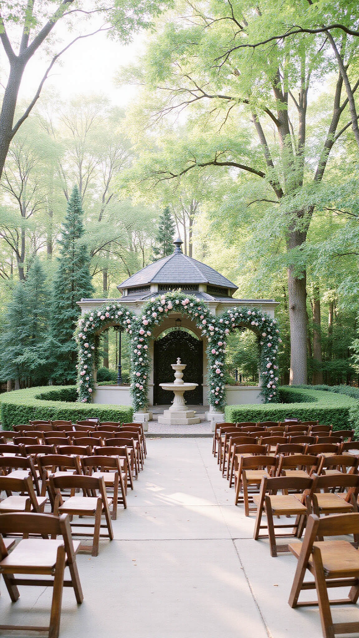 Vintage garden ceremony setup in courtyard with semicircle of wooden chairs facing rose-covered iron gazebo, surrounded by hedges and archways under dappled morning light.