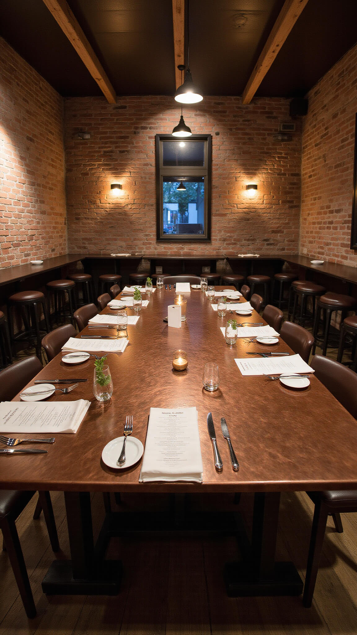Private dining room with exposed brick walls, dimmed pendant lights, central copper chef’s table, high-top tables with leather stools, hand-written menus, and warm lighting on food preparation area.