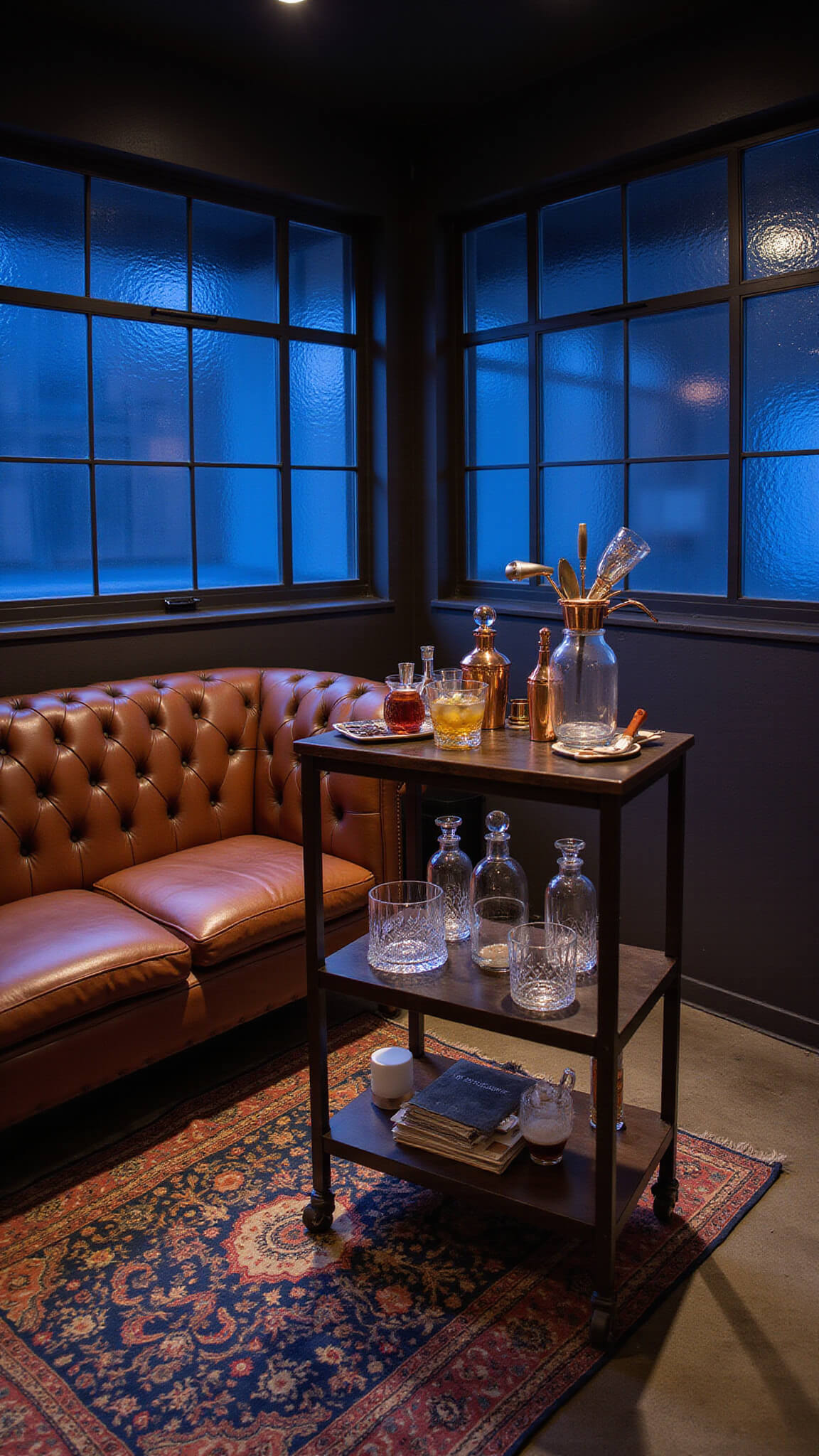 Industrial-chic cocktail lounge with leather Chesterfield seating, copper bar tools, and moody blue hour lighting.