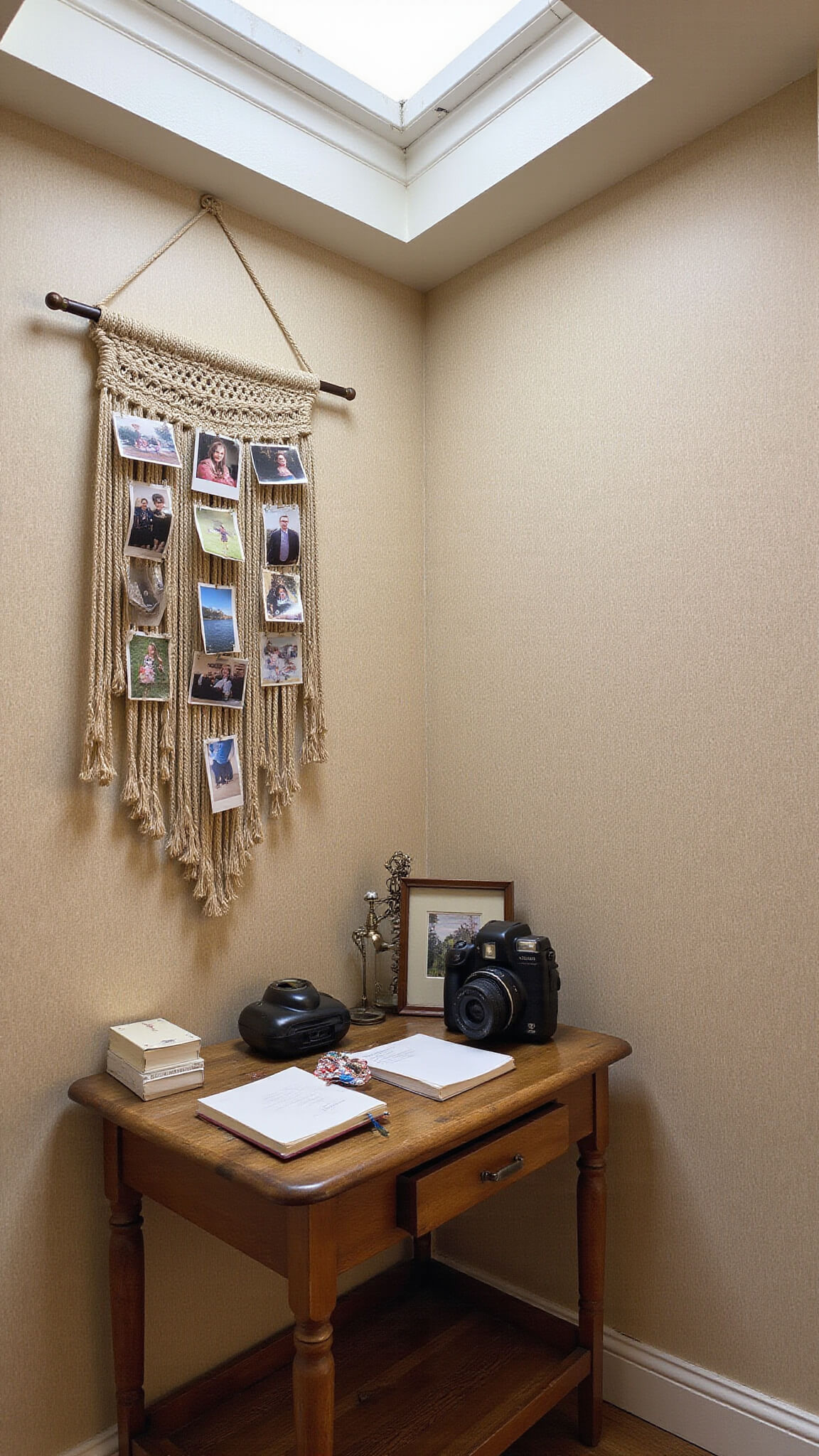 Cozy photo nook with vintage console, instant cameras, brass frames, and macramé wall displaying Polaroid photos under soft skylight.