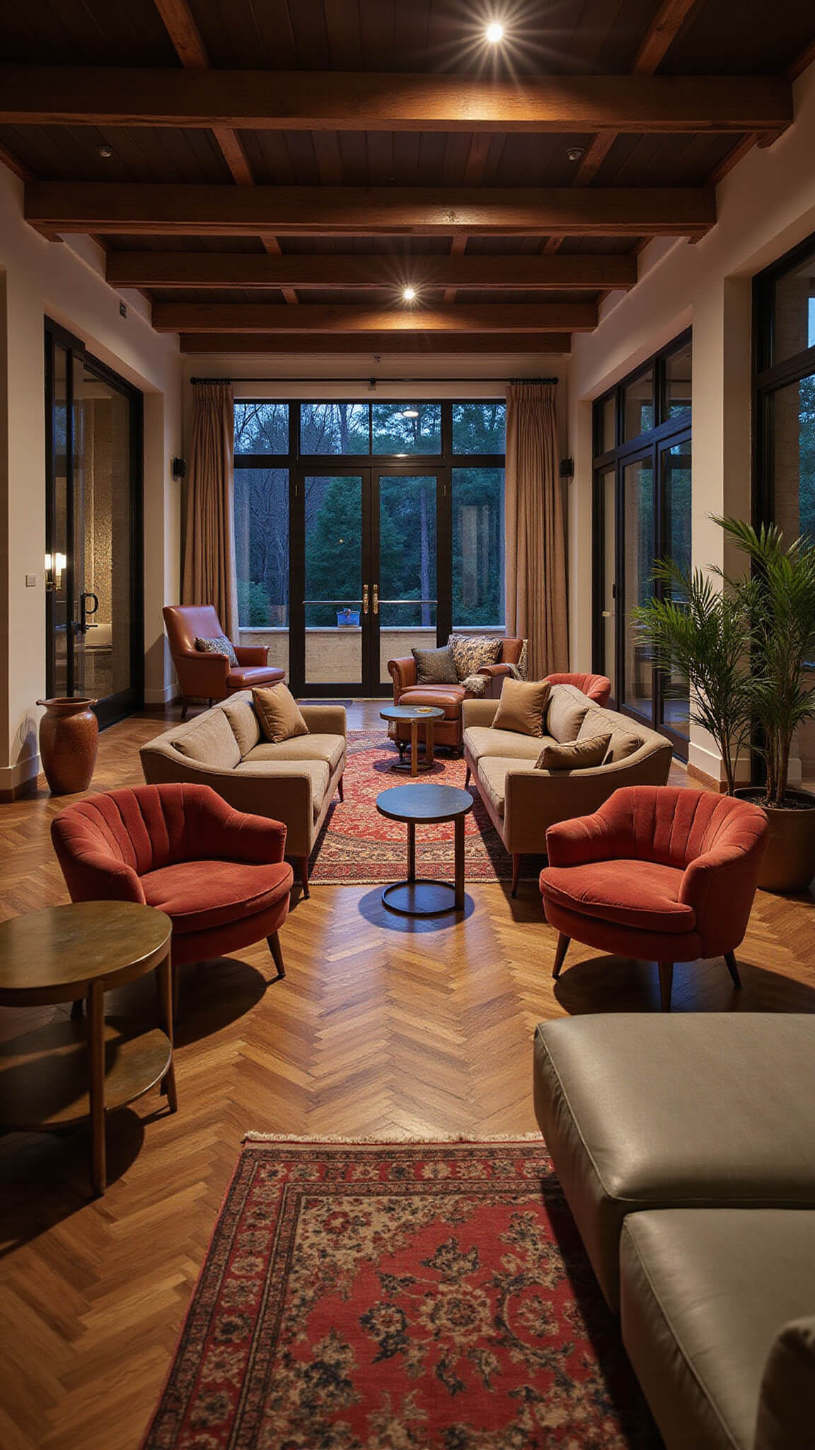 Twilight lounge with herringbone wood floors, layered vintage rugs, velvet sofas, leather armchairs, and brass tables in multiple seating areas; French doors reveal landscape lighting.