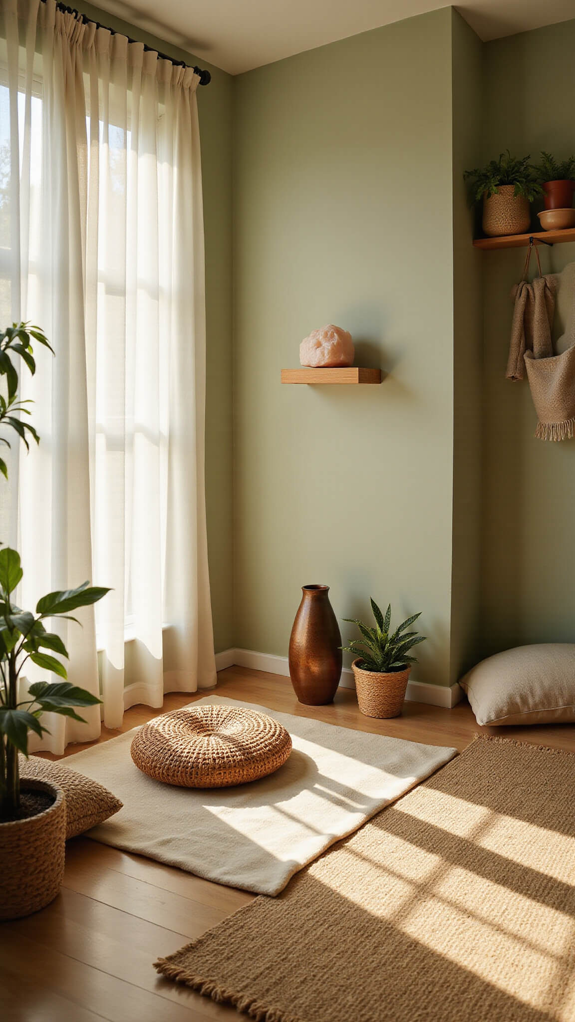 Cozy converted closet meditation space bathed in golden hour light, featuring a rattan cushion on a jute rug, sage green walls, snake plants, a salt lamp on a bamboo shelf, and layered natural textures.