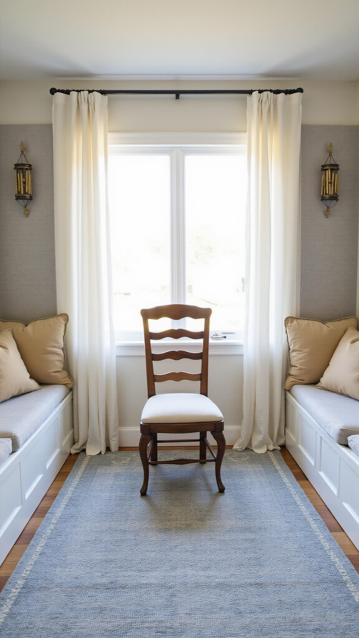 Wide-angle view of a serene 12x14ft meditation room at dawn with soft light through gauzy curtains, centered vintage chair on muted blue rug, bay window with beige meditation pillows, gray acoustic panels, and brass wind chimes.