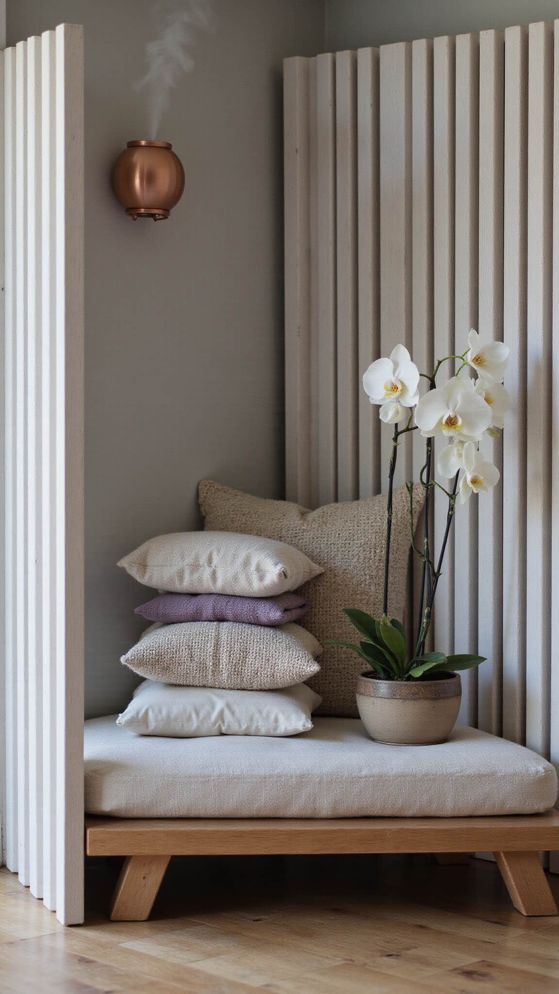 Cozy blue hour meditation nook with low platform seat, soft neutral textiles, copper incense holder, ceramic diffuser, and potted orchids framed by whitewashed wood divider.