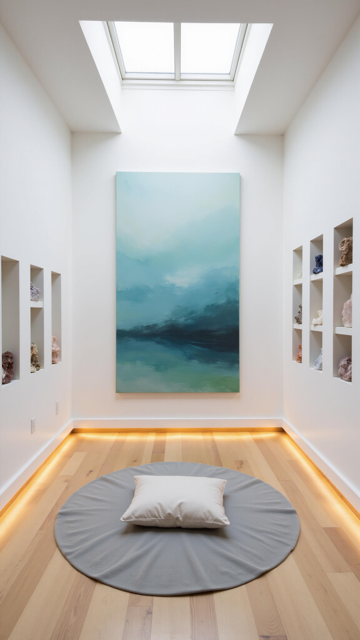 Overhead view of minimalist 10x10ft meditation space with skylight-lit maple floor, central gray silk rug, linen floor cushion, abstract blue-green artwork, and crystal accents on floating shelves.