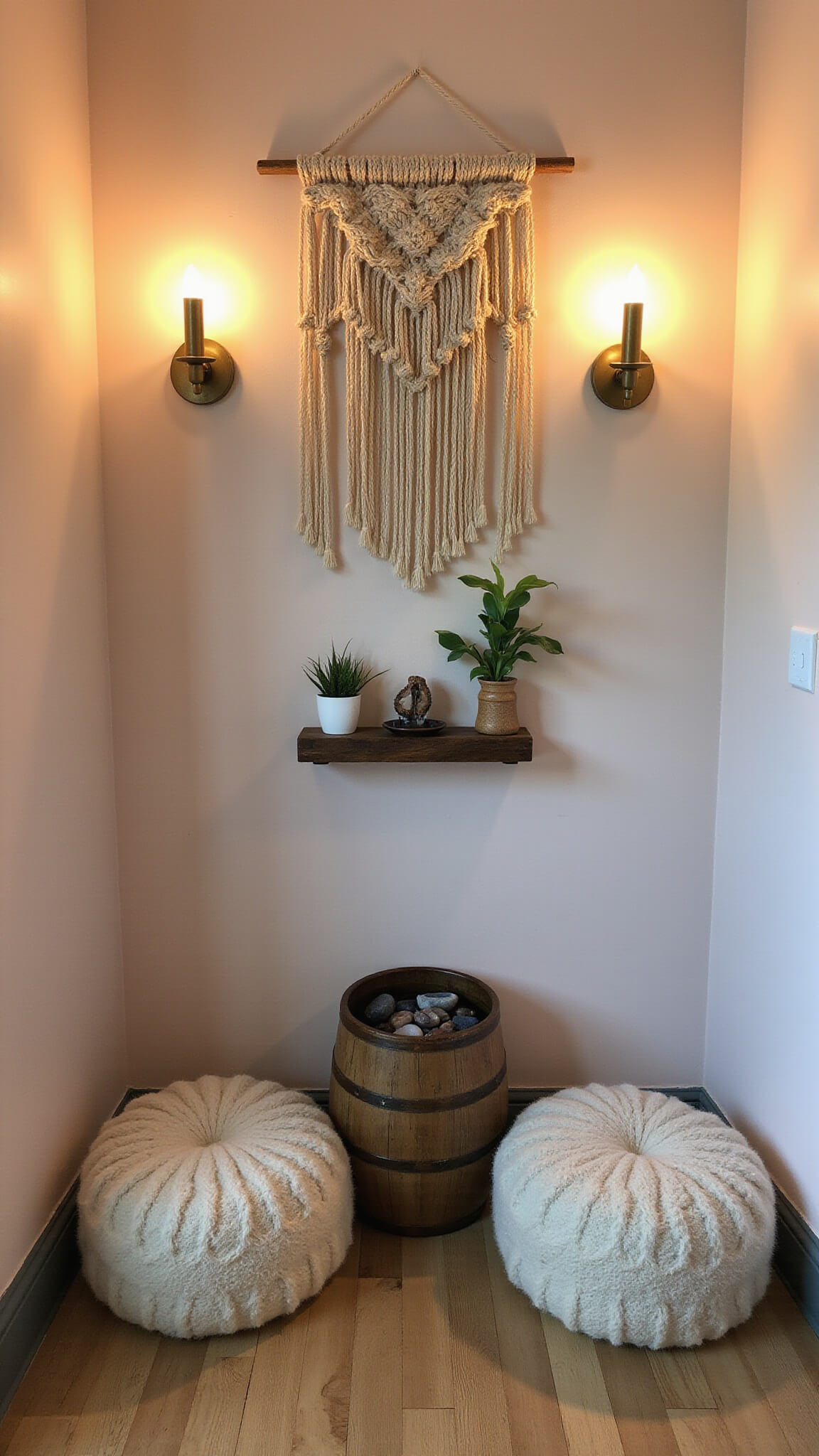 Cozy 5x7ft meditation corner at dusk with warm LED candle sconces, cream Moroccan poufs, macramé wall hanging, floating shelf with crystals and air plants, and a small bamboo water fountain.