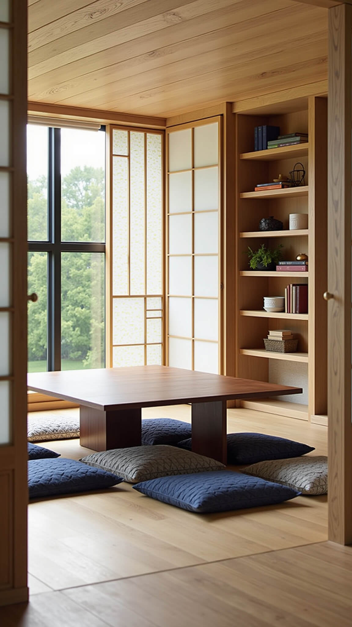 Wide-angle view of a serene 15x20ft meditation space with folding shoji screens, a black walnut meditation table surrounded by indigo floor cushions, built-in bookshelves with plants and decor, natural fiber walls, and soft morning light filtered through automated blinds.