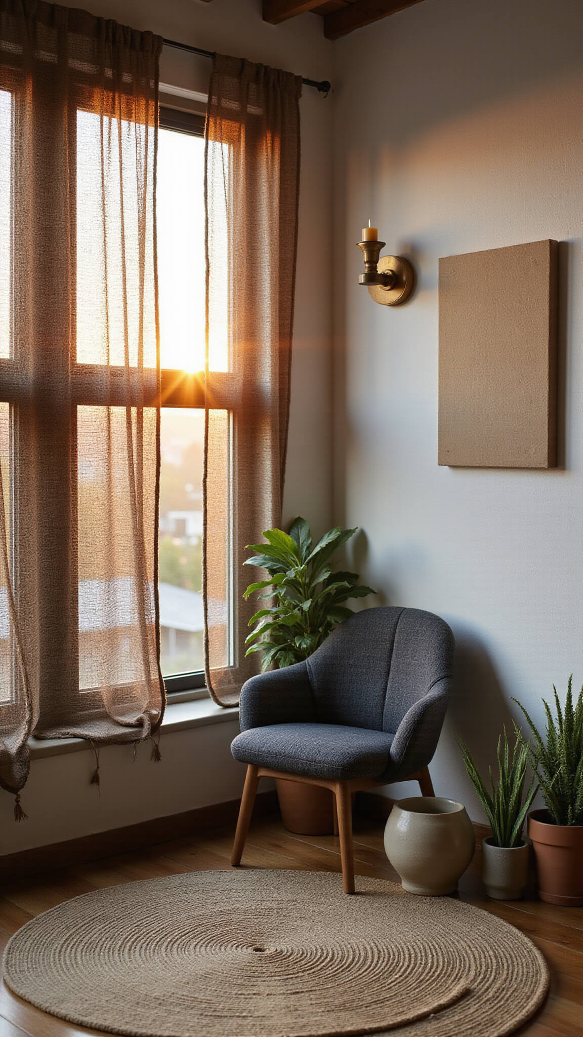 Urban meditation alcove at sunset with modern chair on hemp rug, brass incense holder, minimalist canvas art, and plants around a small stone fountain.