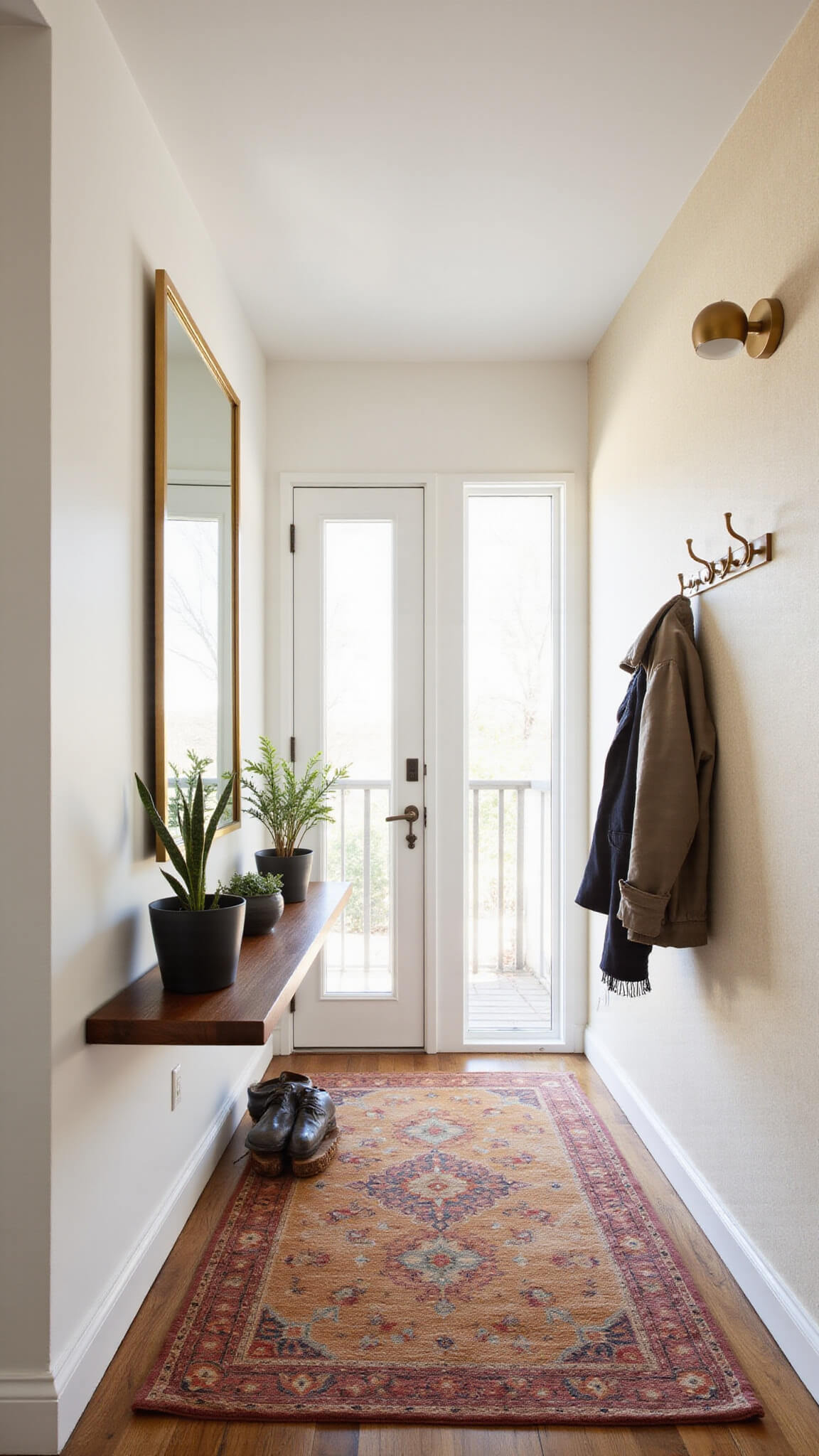 Minimalist 6x4ft entryway with floating walnut console, brass-framed mirror, snake plant, vintage Persian runner, and morning light through frosted glass door.